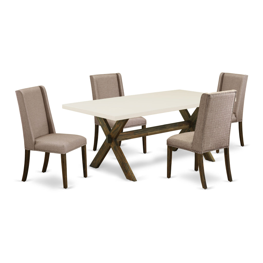Juego de comedor de 5 piezas East West Furniture X727FL716-5. Incluye una mesa de comedor rectangular con patas en forma de X y 4 sillas Parson tapizadas en tela de lino color caqui oscuro.