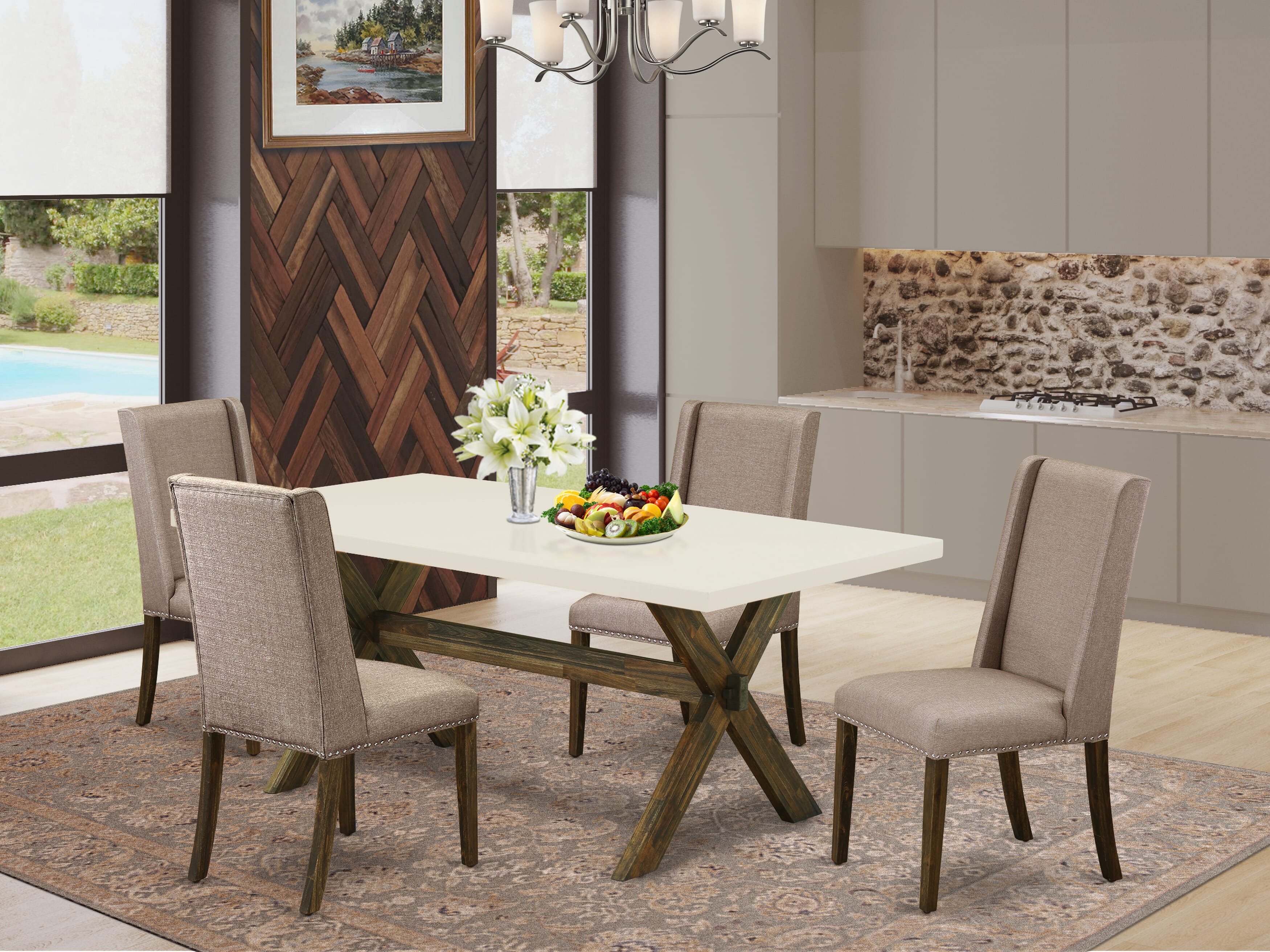 East West Furniture X727FL716-5 5-Piece Dining room SetIncluded 4 Upholstered Dining chairs Upholstered Seat and Stylish Chair Back and Rectangular Table with linen white Kitchen Table top (Distressed Jacobean Finish)