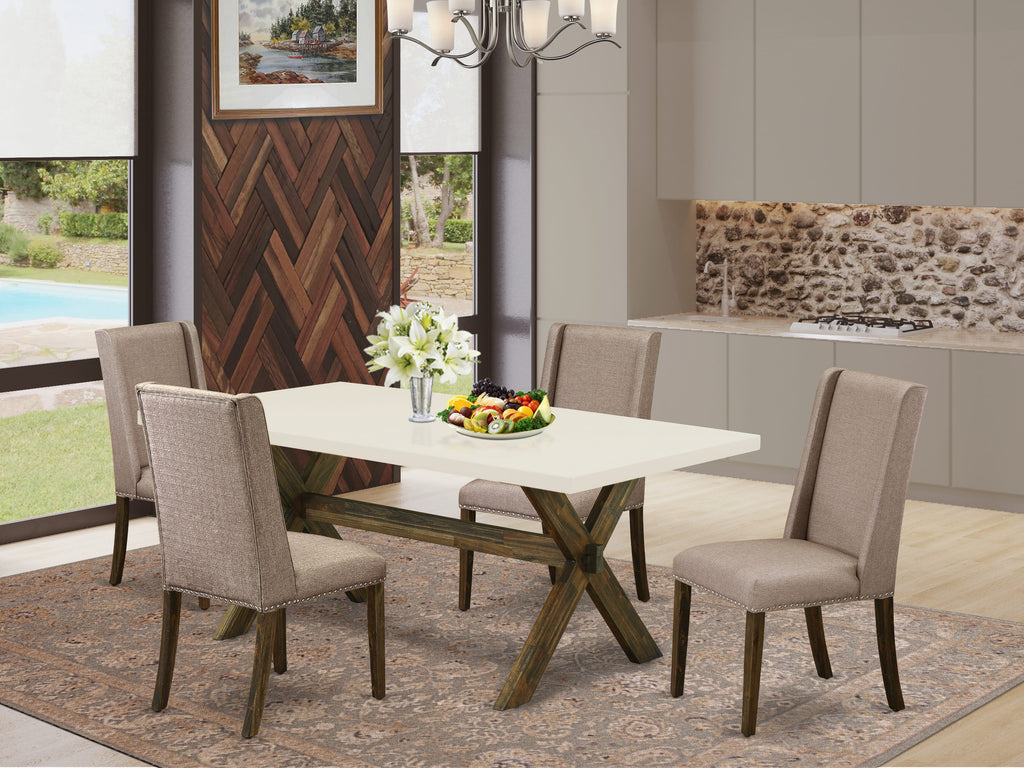 Juego de comedor de 5 piezas East West Furniture X727FL716-5. Incluye una mesa de comedor rectangular con patas en forma de X y 4 sillas Parson tapizadas en tela de lino color caqui oscuro.