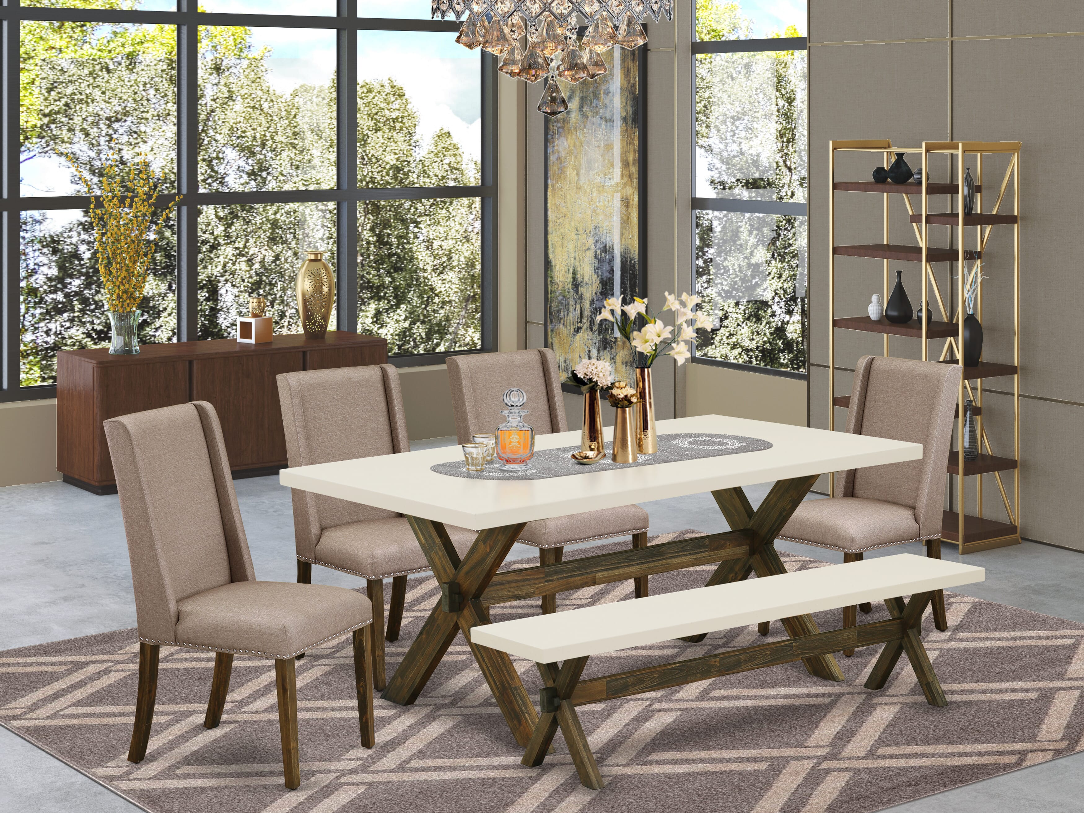 East West Furniture X727FL716-6 6 Piece Dining Set Contains a Rectangle Dining Room Table with X-Legs and 4 Dark Khaki Linen Fabric Parson Chairs with a Bench