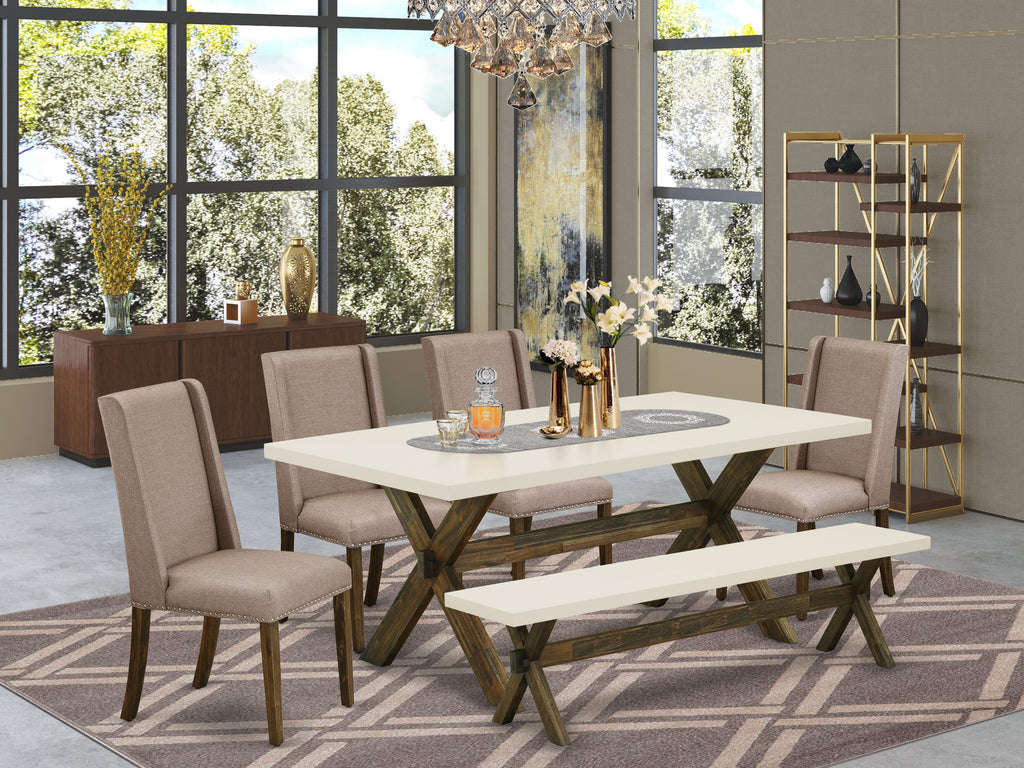 Juego de comedor de 6 piezas East West Furniture X727FL716-6. Contiene una mesa de comedor rectangular con patas en forma de X y 4 sillas Parson de tela de lino color caqui oscuro con un banco.