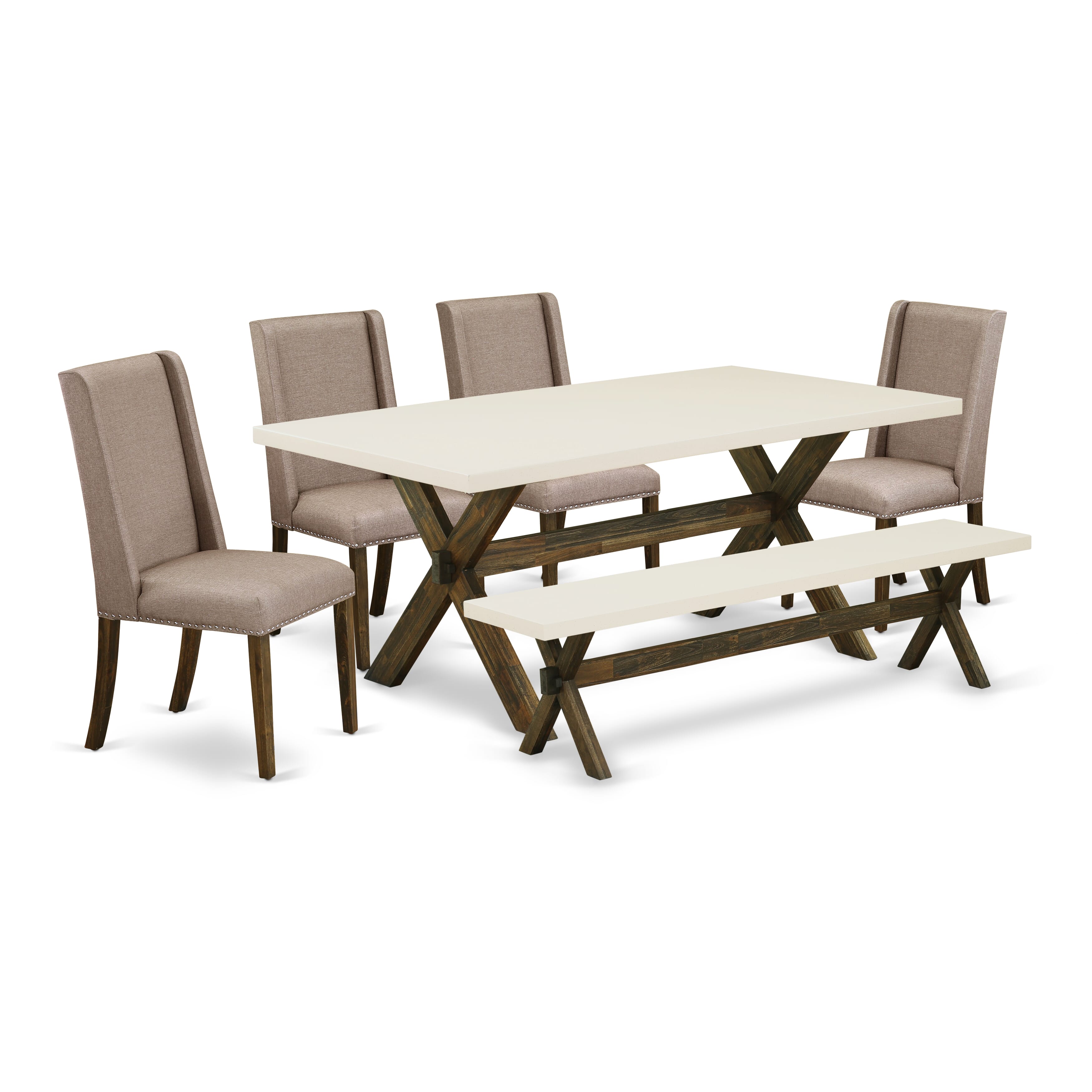 East West Furniture X727FL716-6 6 Piece Dining Set Contains a Rectangle Dining Room Table with X-Legs and 4 Dark Khaki Linen Fabric Parson Chairs with a Bench