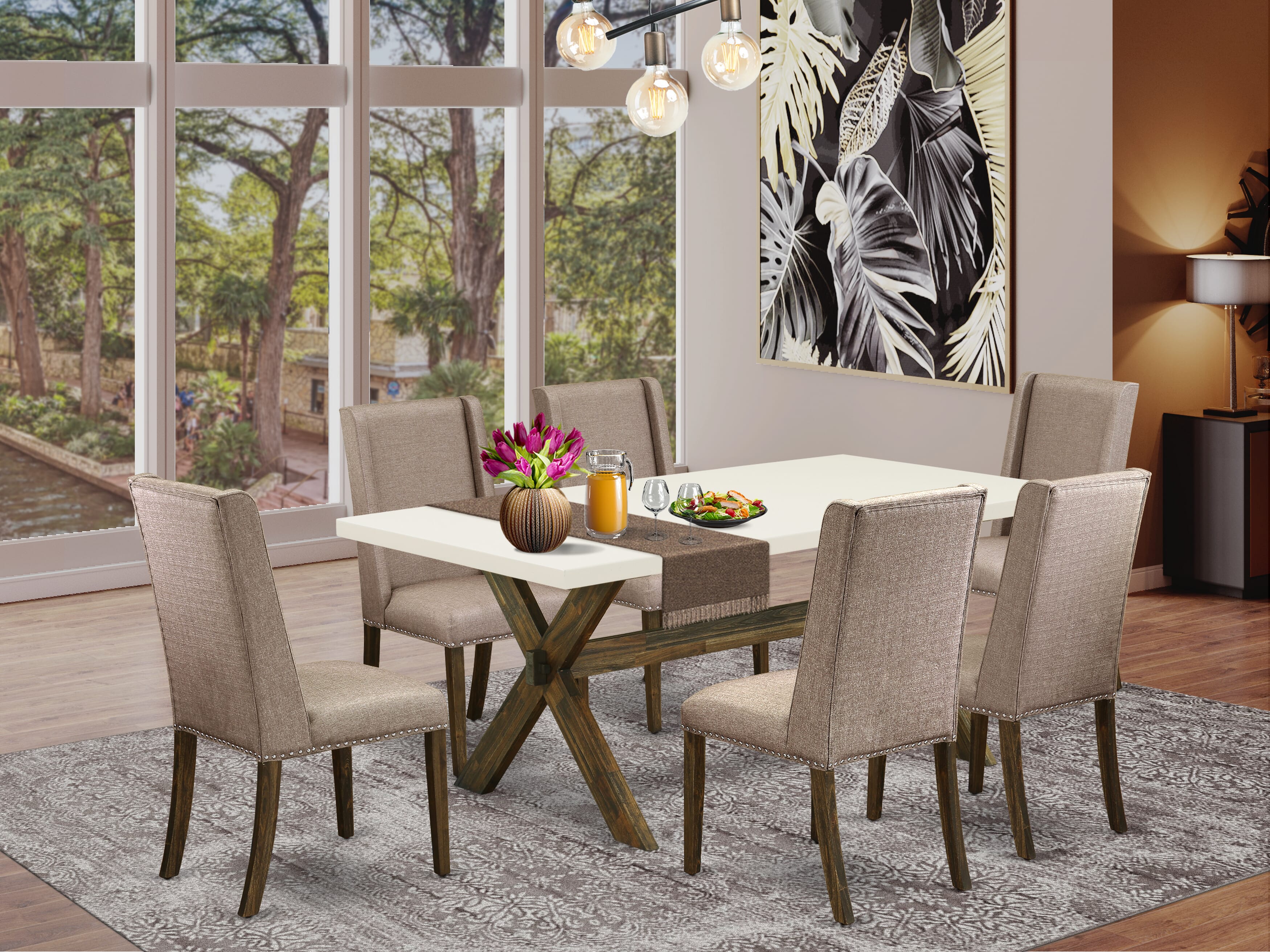 East West Furniture X727FL716-7 7-Pc modern dining table set an excellent linen white small table top and 6 Beautiful Parson dining room chairs with Nail heads and High Stylish Chair Back, Distressed Jacobean Finish
