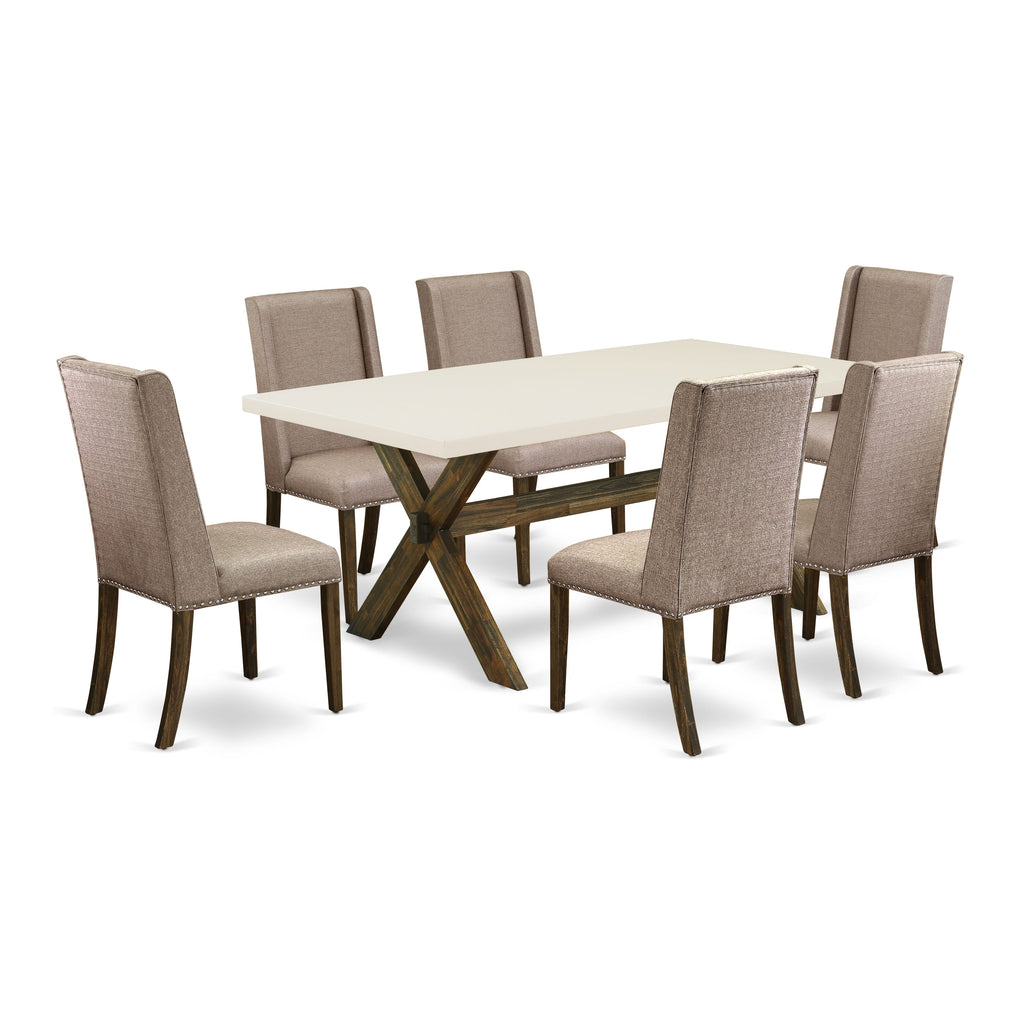 East West Furniture X727FL716-7 7-Pc modern dining table set an excellent linen white small table top and 6 Beautiful Parson dining room chairs with Nail heads and High Stylish Chair Back, Distressed Jacobean Finish