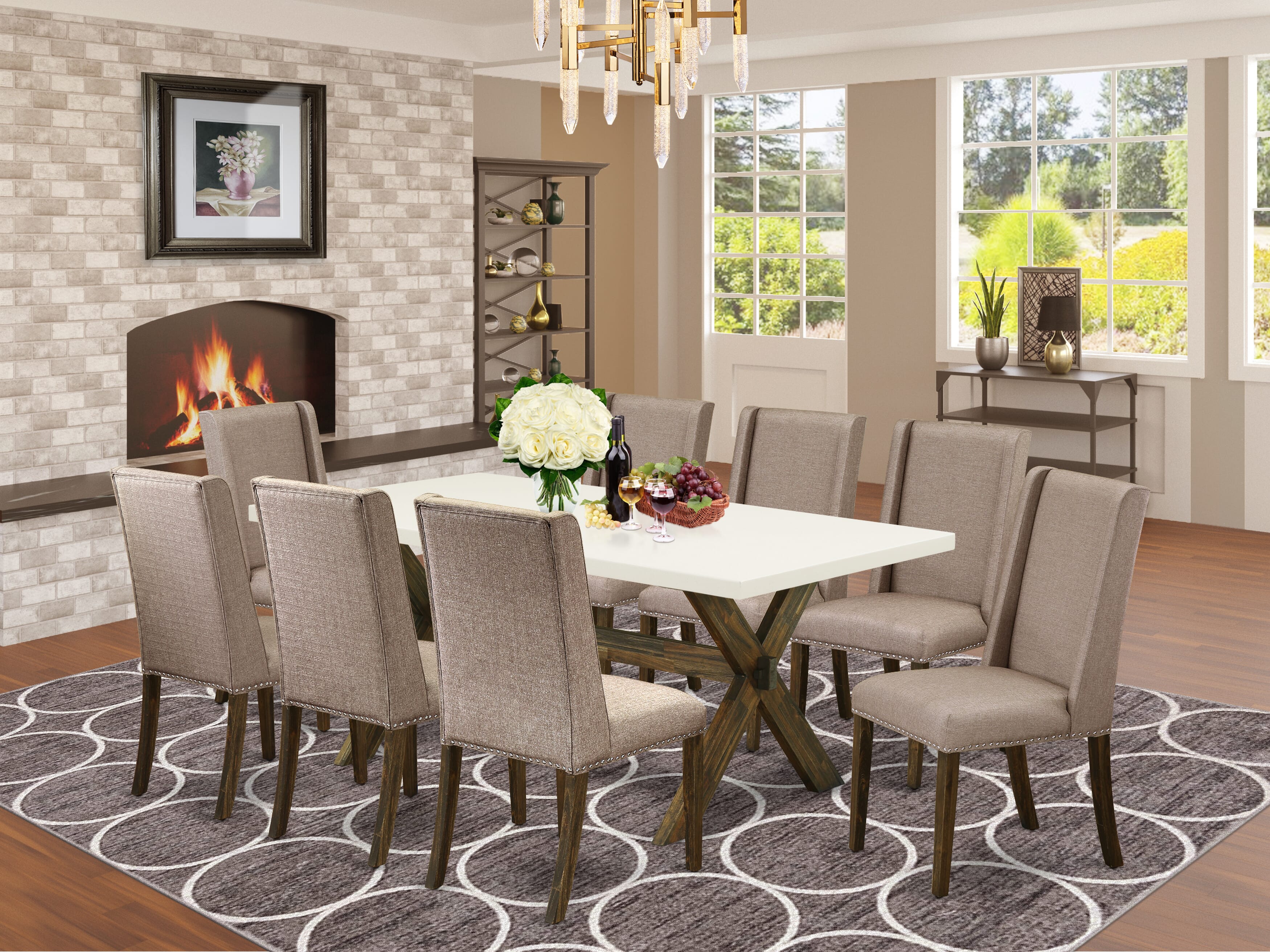 East West Furniture X727FL716-9 9-Pc Dining room Table Set a beautiful linen white Dining room Table top and 8 Wonderful Upholstered Dining chairs with Nail Heads and Curved Back, Distressed Jacobean Finish