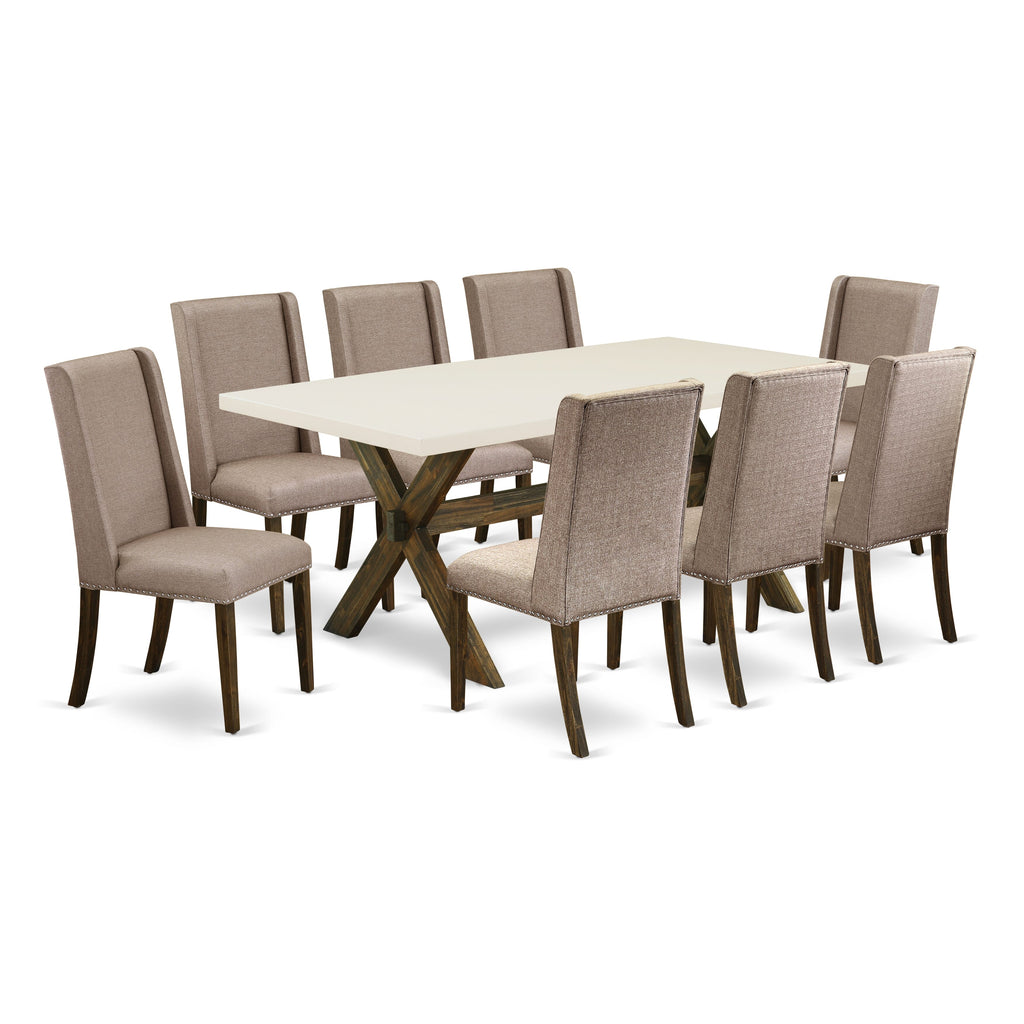East West Furniture X727FL716-9 9 Piece Modern Dining Table Set Includes a Rectangle Wooden Table with X-Legs and 8 Dark Khaki Linen Fabric Parsons Dining Chairs