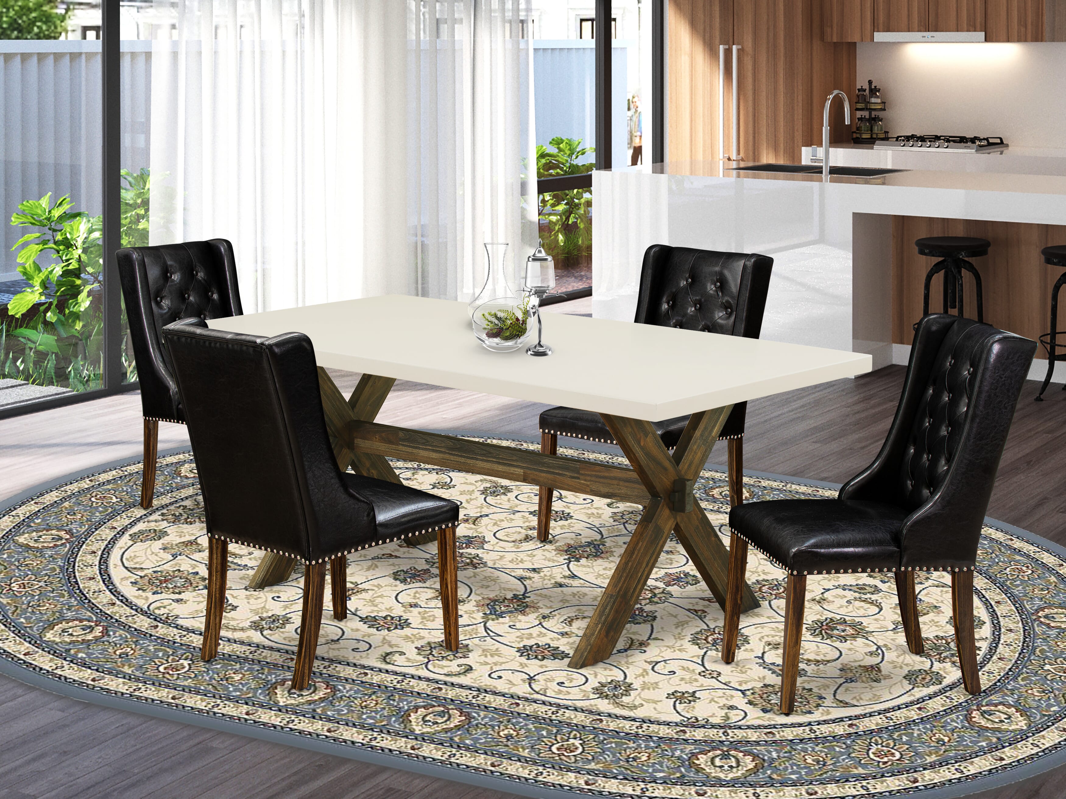 East West Furniture X727FO749-5 5-Piece Dining Set - 4 Black Pu faux Leather Dining Chair Button Tufted with Nail heads and Modern Dining Table - Distressed Jacobean Finish