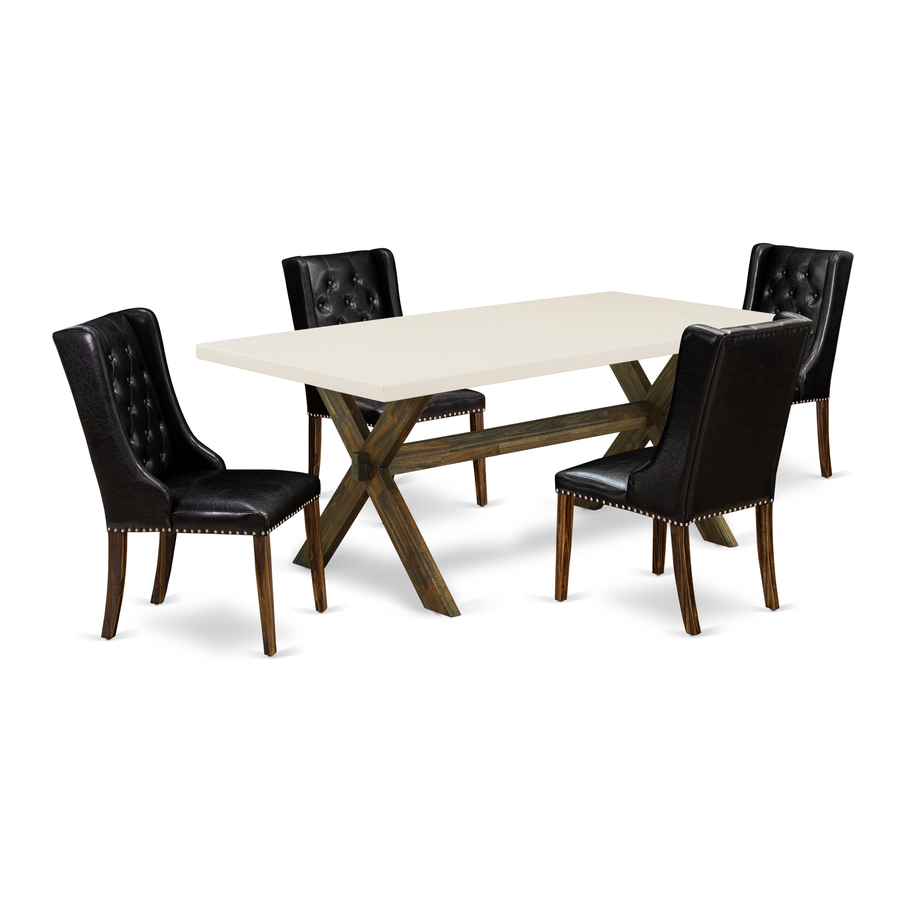 East West Furniture X727FO749-5 5-Piece Dining Set - 4 Black Pu faux Leather Dining Chair Button Tufted with Nail heads and Modern Dining Table - Distressed Jacobean Finish