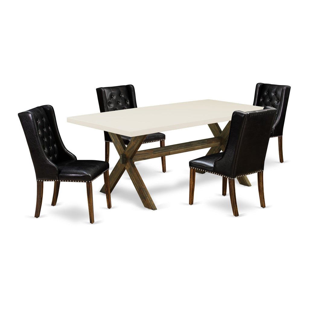East West Furniture X727FO749-5 5-Piece Dining Set - 4 Black Pu faux Leather Dining Chair Button Tufted with Nail heads and Modern Dining Table - Distressed Jacobean Finish