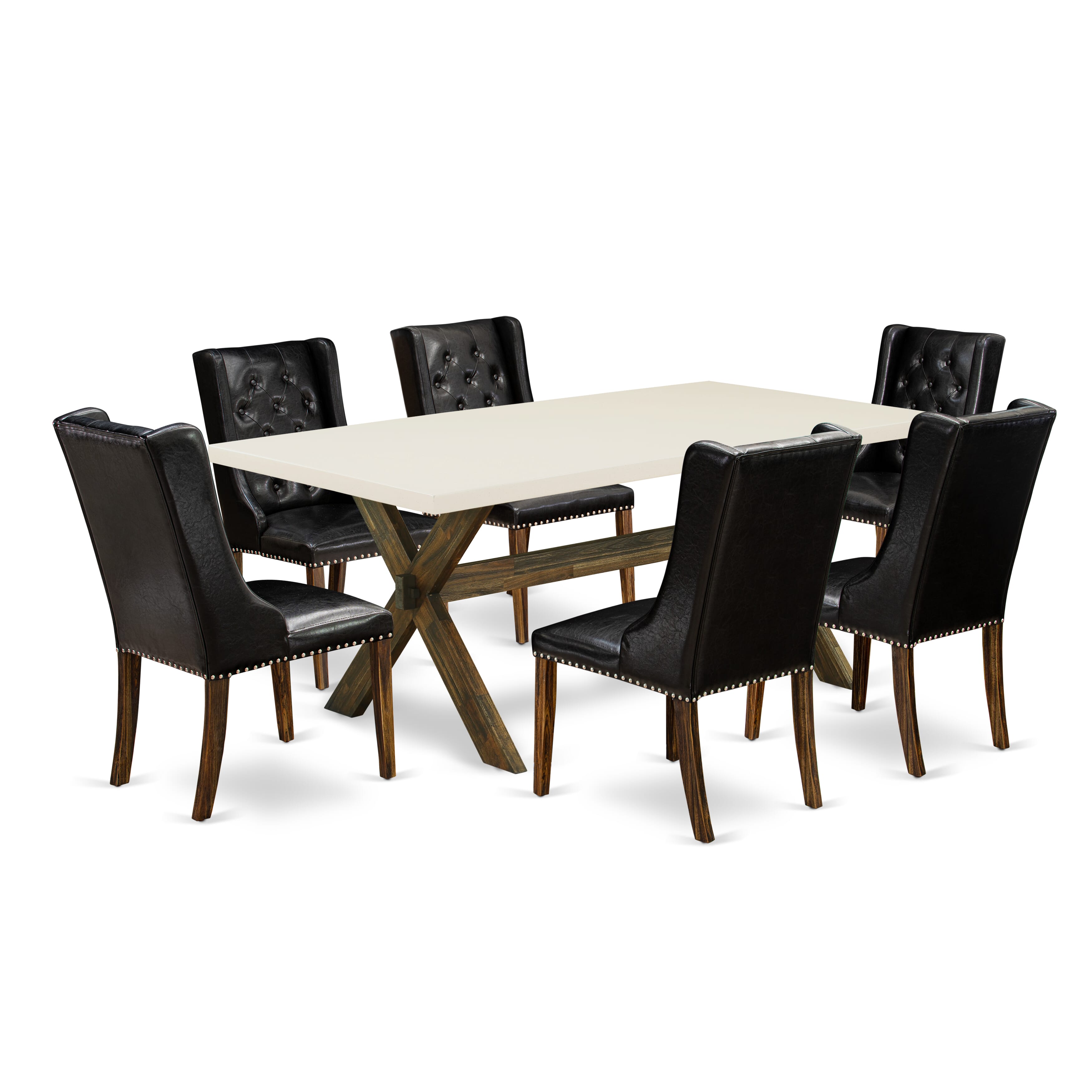 East West Furniture X727FO749-7 7 Pc Kitchen Table Set - 6 Black Pu faux Leather Dining Chair Button Tufted with Nailheads and Dining Room Table - Distressed Jacobean Finish