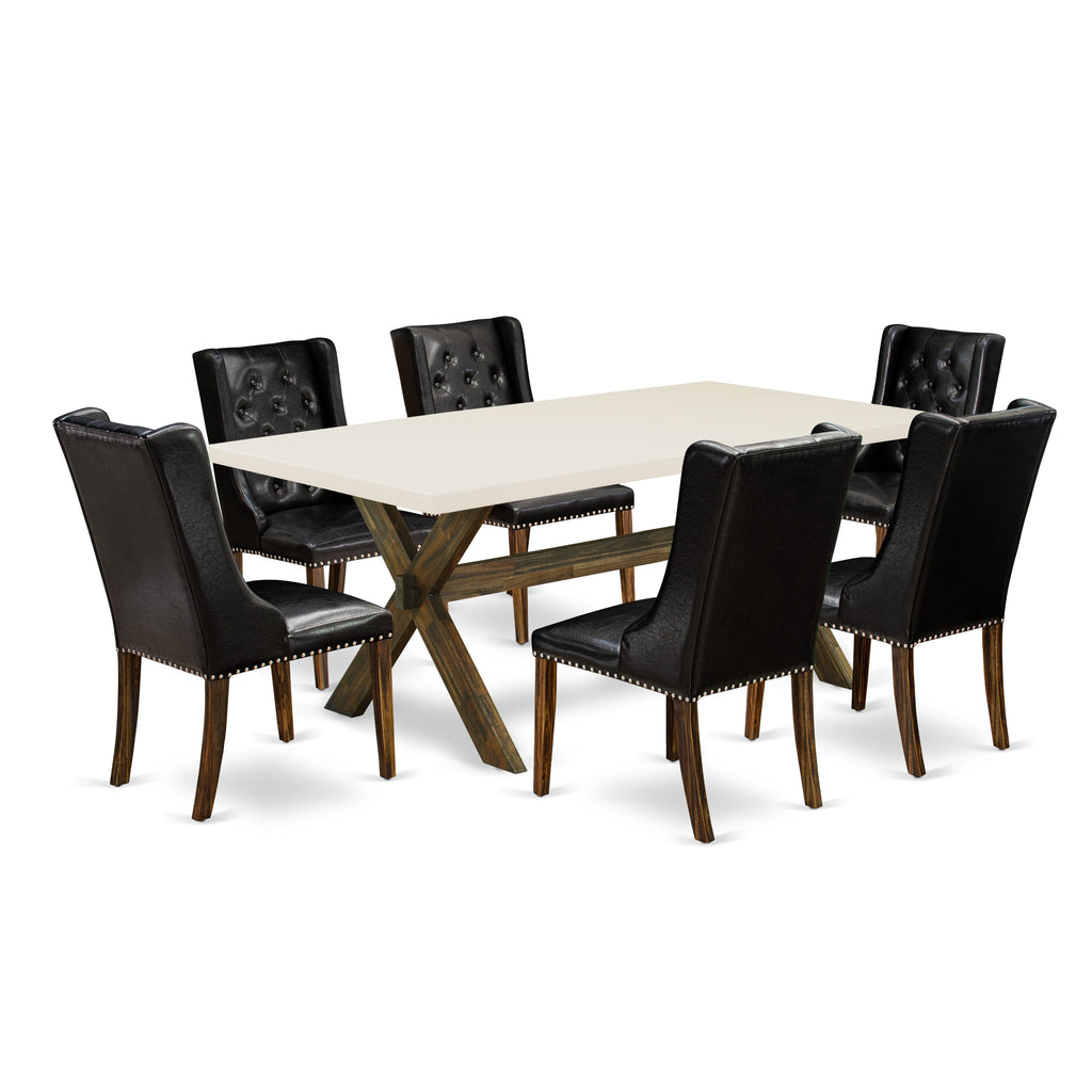 East West Furniture X727FO749-7 7 Pc Kitchen Table Set - 6 Black Pu faux Leather Dining Chair Button Tufted with Nailheads and Dining Room Table - Distressed Jacobean Finish