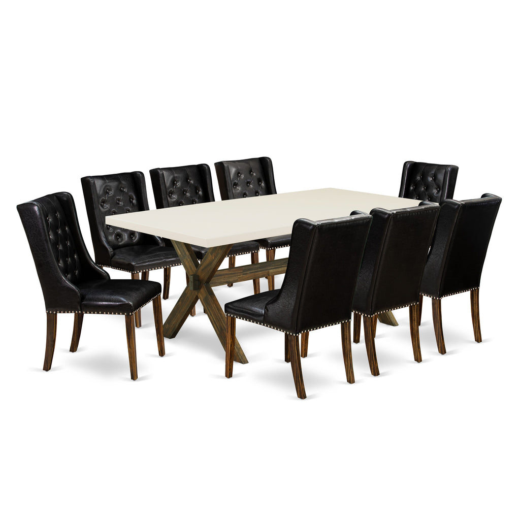 Juego de comedor de 9 piezas East West Furniture X727FO749-9. Incluye una mesa de comedor rectangular con patas en forma de X y 8 sillas Parsons de piel sintética negra.
