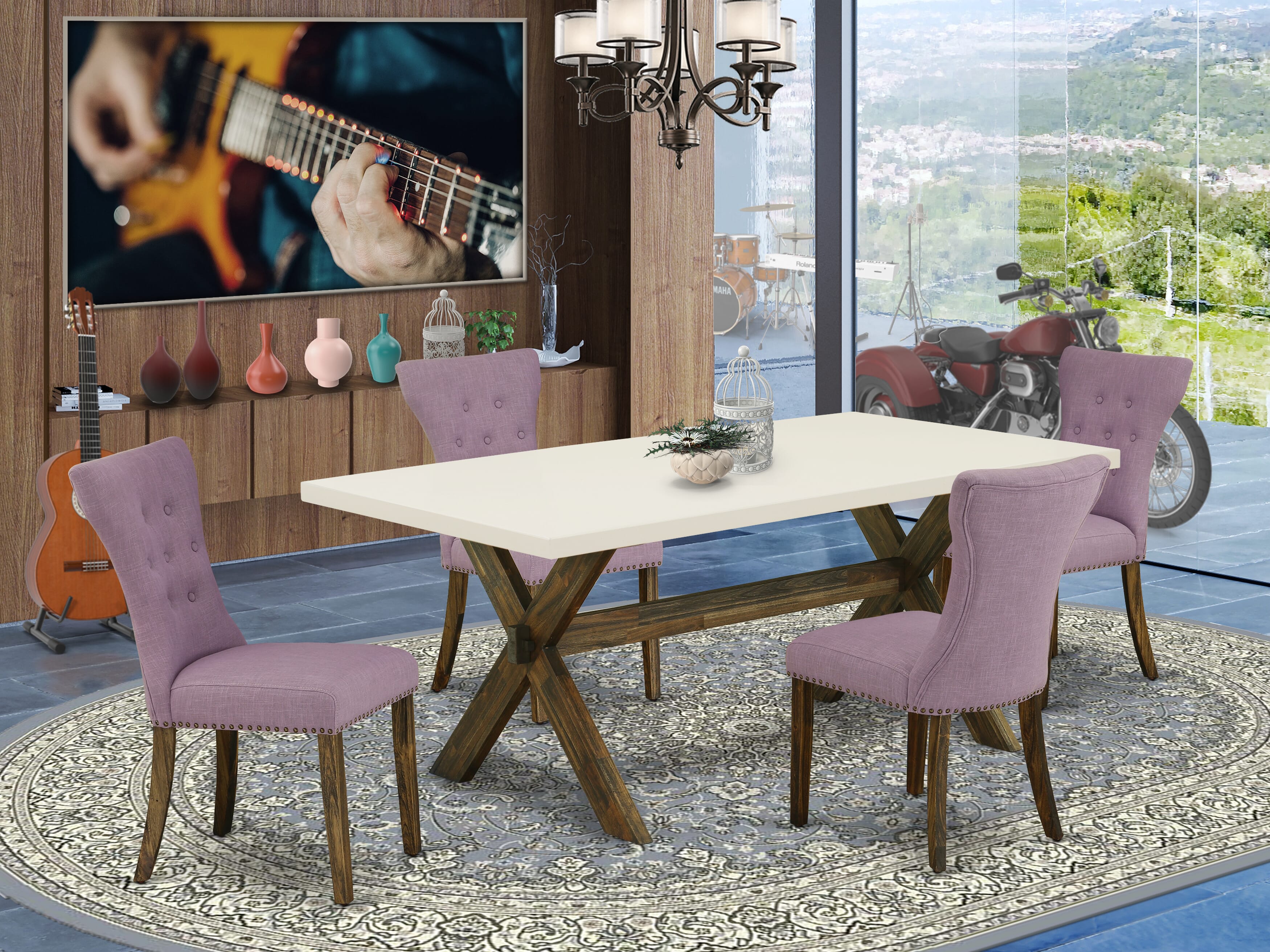 East West Furniture X727GA740-5 5-Pc Modern Dining Table Set- 4 Mid Century Dining Chairs with Dahlia Linen Fabric Seat and Button Tufted Chair Back � Kitchen Table - linen white Finish