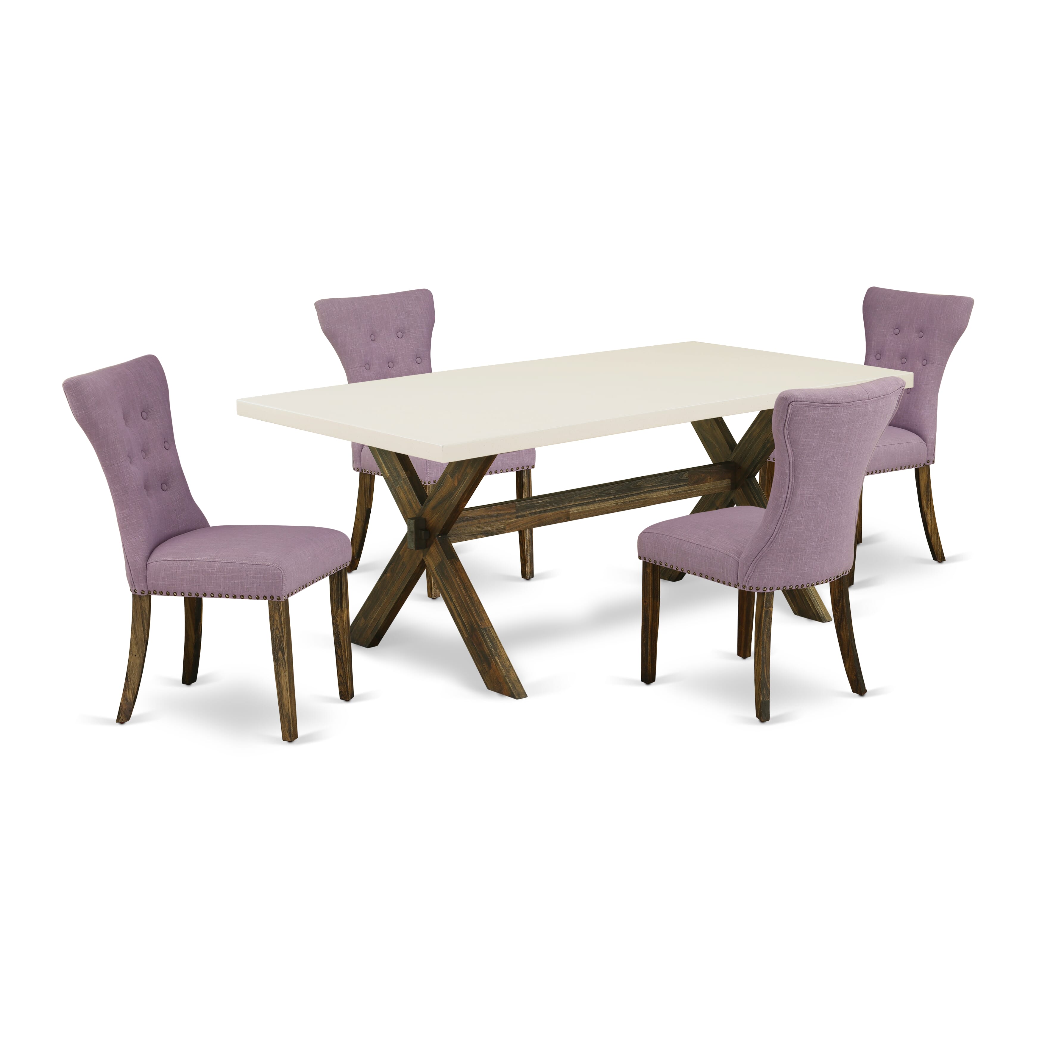 East West Furniture X727GA740-5 5-Pc Modern Dining Table Set- 4 Mid Century Dining Chairs with Dahlia Linen Fabric Seat and Button Tufted Chair Back � Kitchen Table - linen white Finish