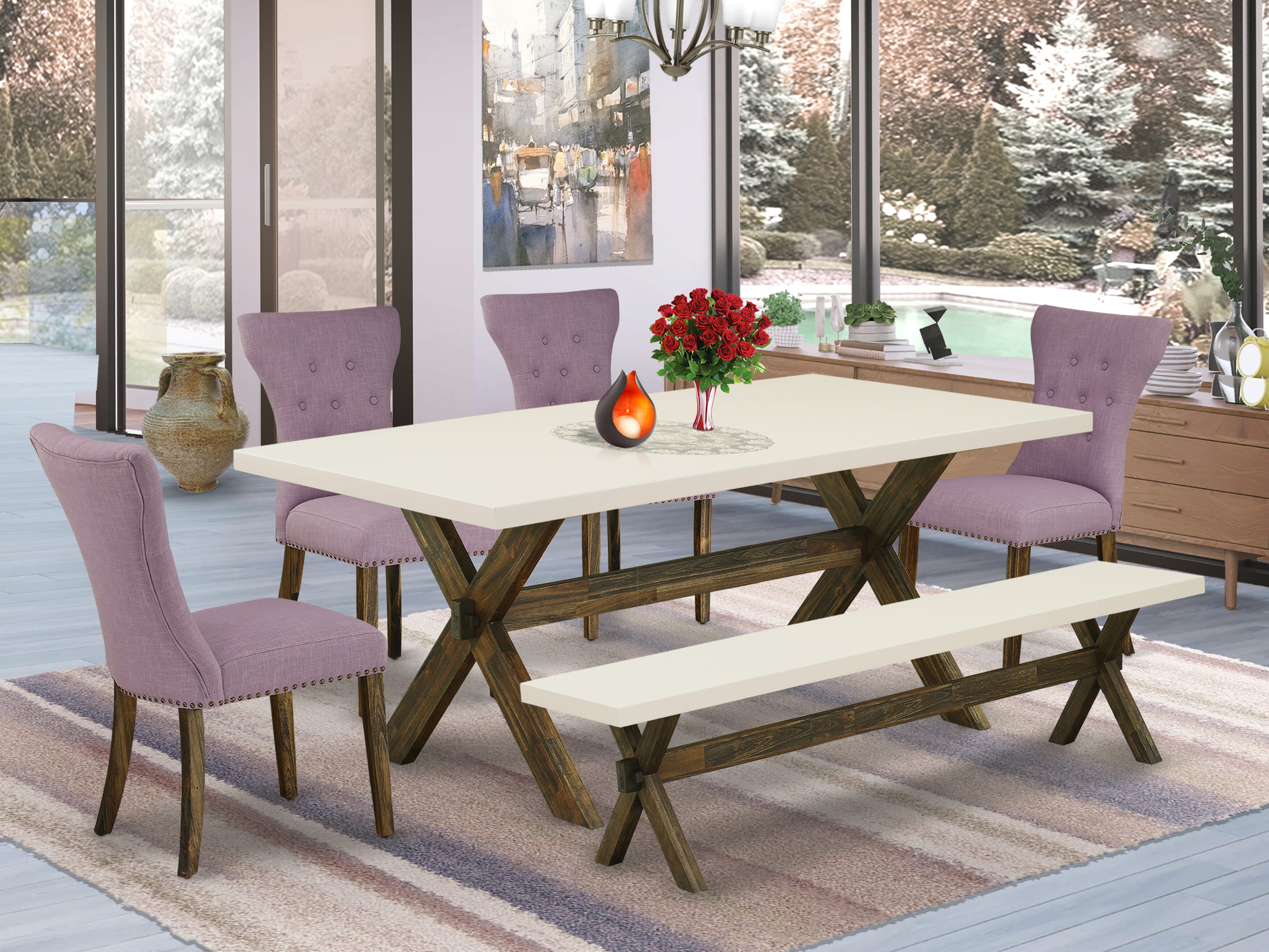 East West Furniture 6-Pc Dining Room Table Set- 4 Dining Padded Chairs with Dahlia Linen Fabric Seat and Button Tufted Chair Back - Rectangular top & wooden cross legs Kitchen Table and Indoor Bench - linen white and Distressed Jacobean Finish
