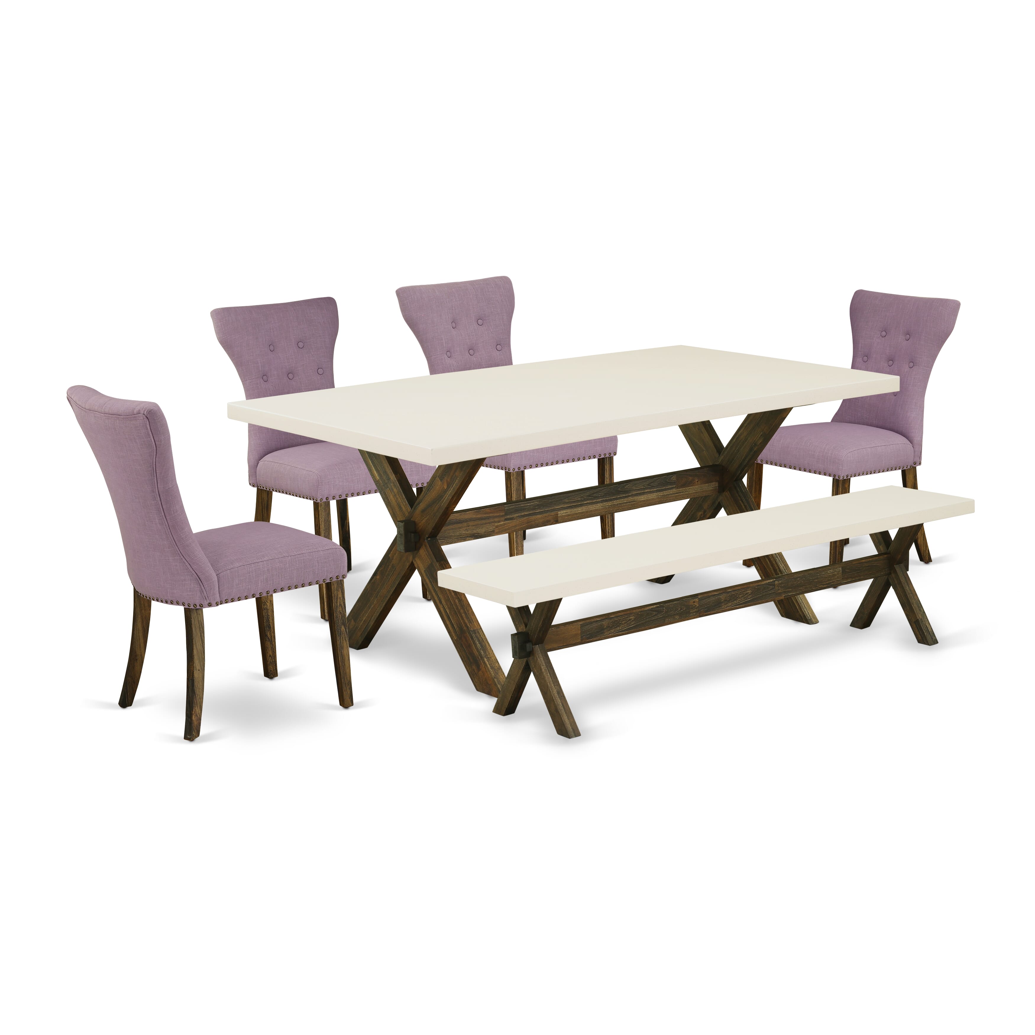 East West Furniture 6-Pc Dining Room Table Set- 4 Dining Padded Chairs with Dahlia Linen Fabric Seat and Button Tufted Chair Back - Rectangular top & wooden cross legs Kitchen Table and Indoor Bench - linen white and Distressed Jacobean Finish