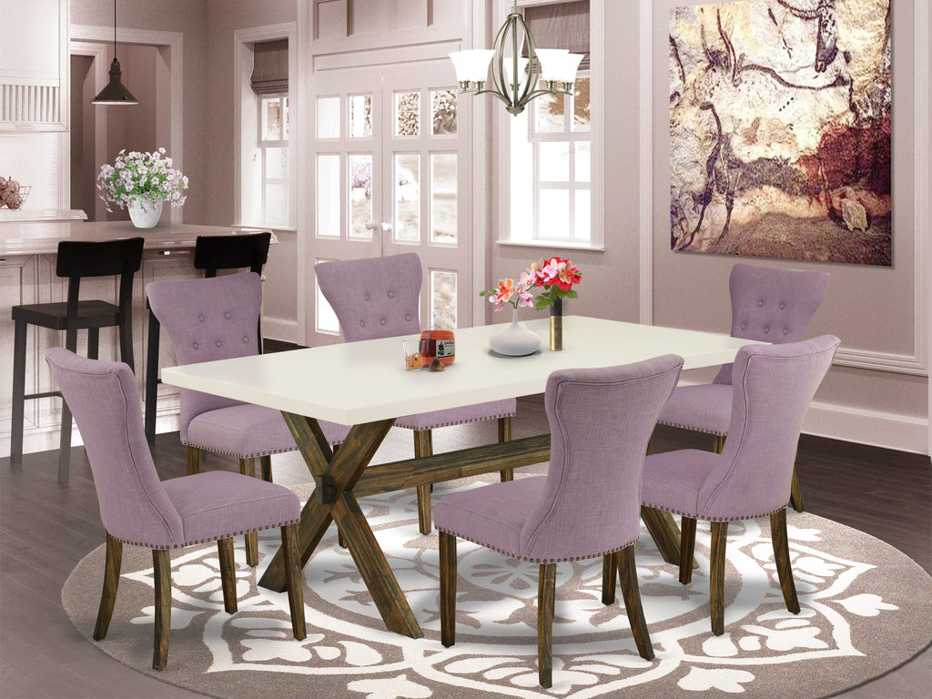 East West Furniture X727GA740-7 7-Piece Dinette Set- 6 Kitchen Chairs with Dahlia Linen Fabric Seat and Button Tufted Chair Back - Rectangular Table top & Wooden Cross Legs - linen white and Distressed Jacobean Finish