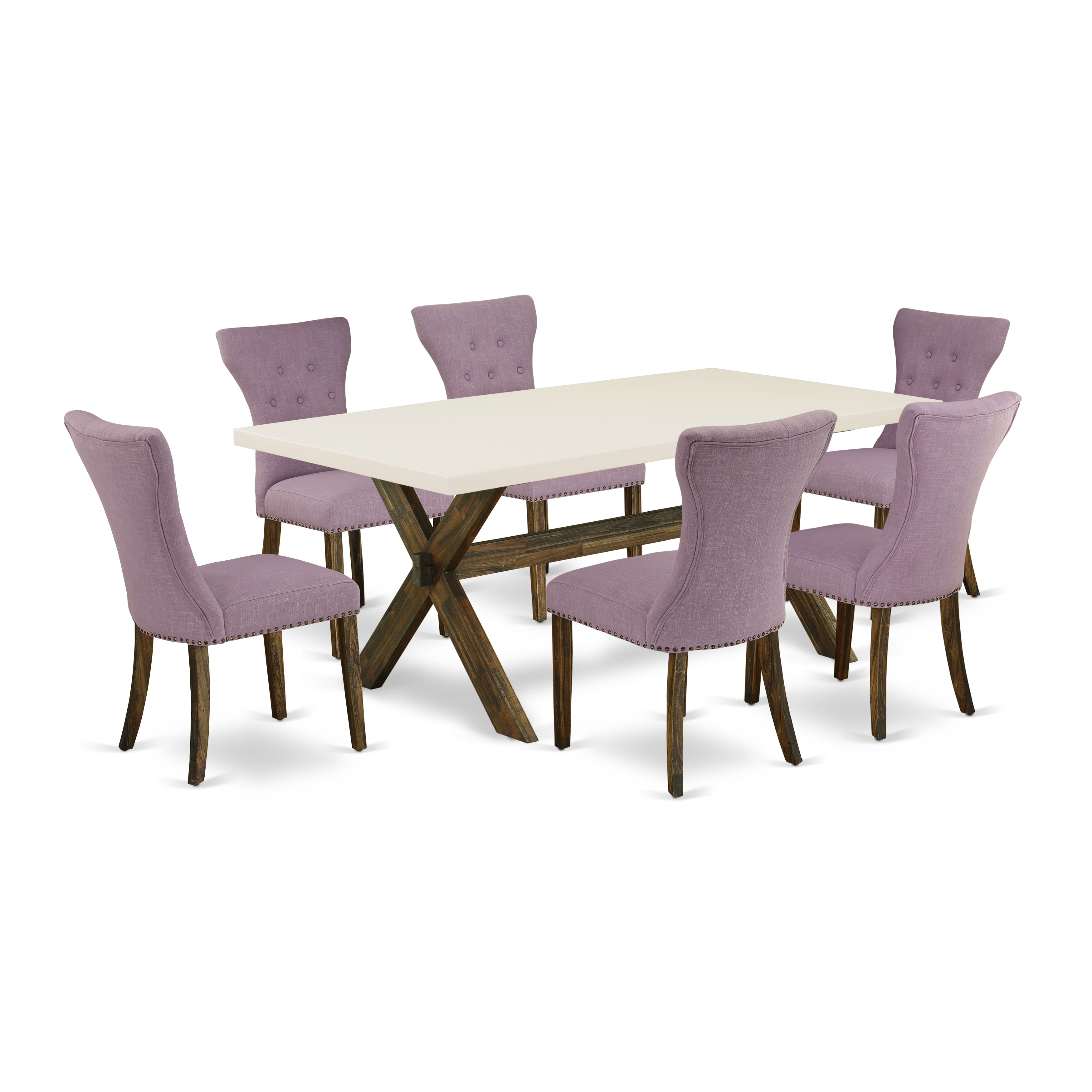 East West Furniture X727GA740-7 7-Piece Dinette Set- 6 Kitchen Chairs with Dahlia Linen Fabric Seat and Button Tufted Chair Back - Rectangular Table top & Wooden Cross Legs - linen white and Distressed Jacobean Finish