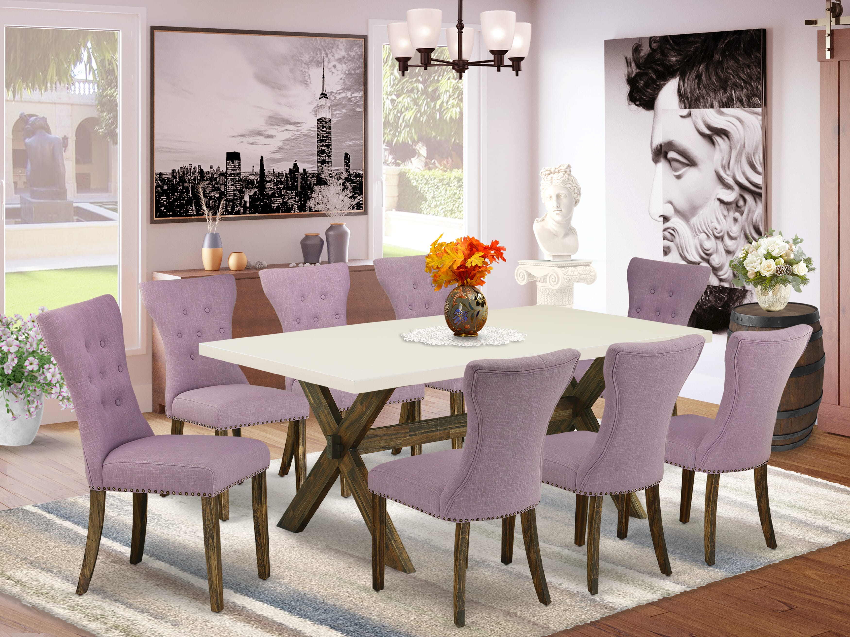 East West Furniture X727GA740-9 9-Piece Dinette Set- 8 Parson dining room chairs with Dahlia Linen Fabric Seat and Button Tufted Chair Back - Rectangular Table top & Wooden Cross Legs - linen white and Distressed Jacobean Finish