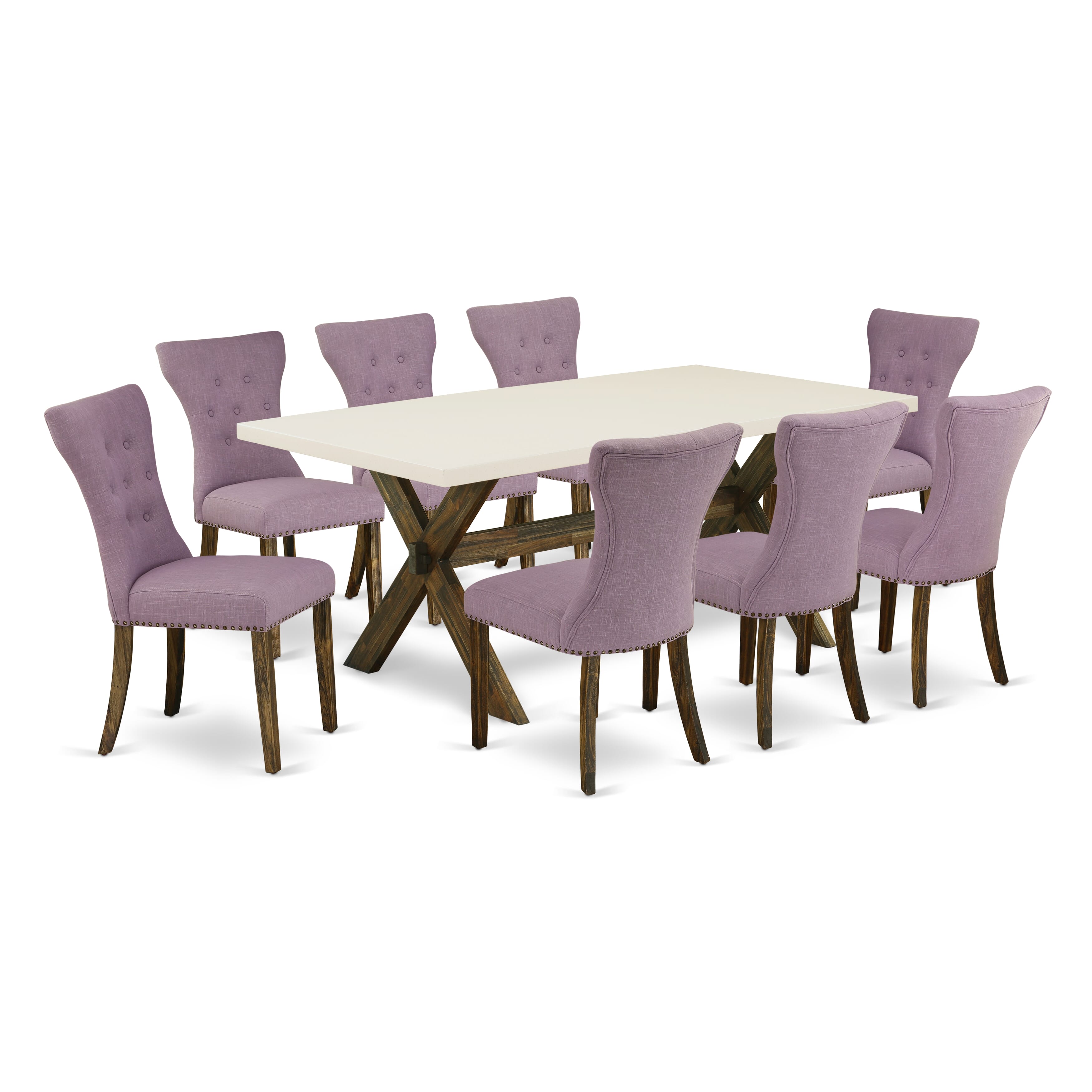 East West Furniture X727GA740-9 9-Piece Dinette Set- 8 Parson dining room chairs with Dahlia Linen Fabric Seat and Button Tufted Chair Back - Rectangular Table top & Wooden Cross Legs - linen white and Distressed Jacobean Finish