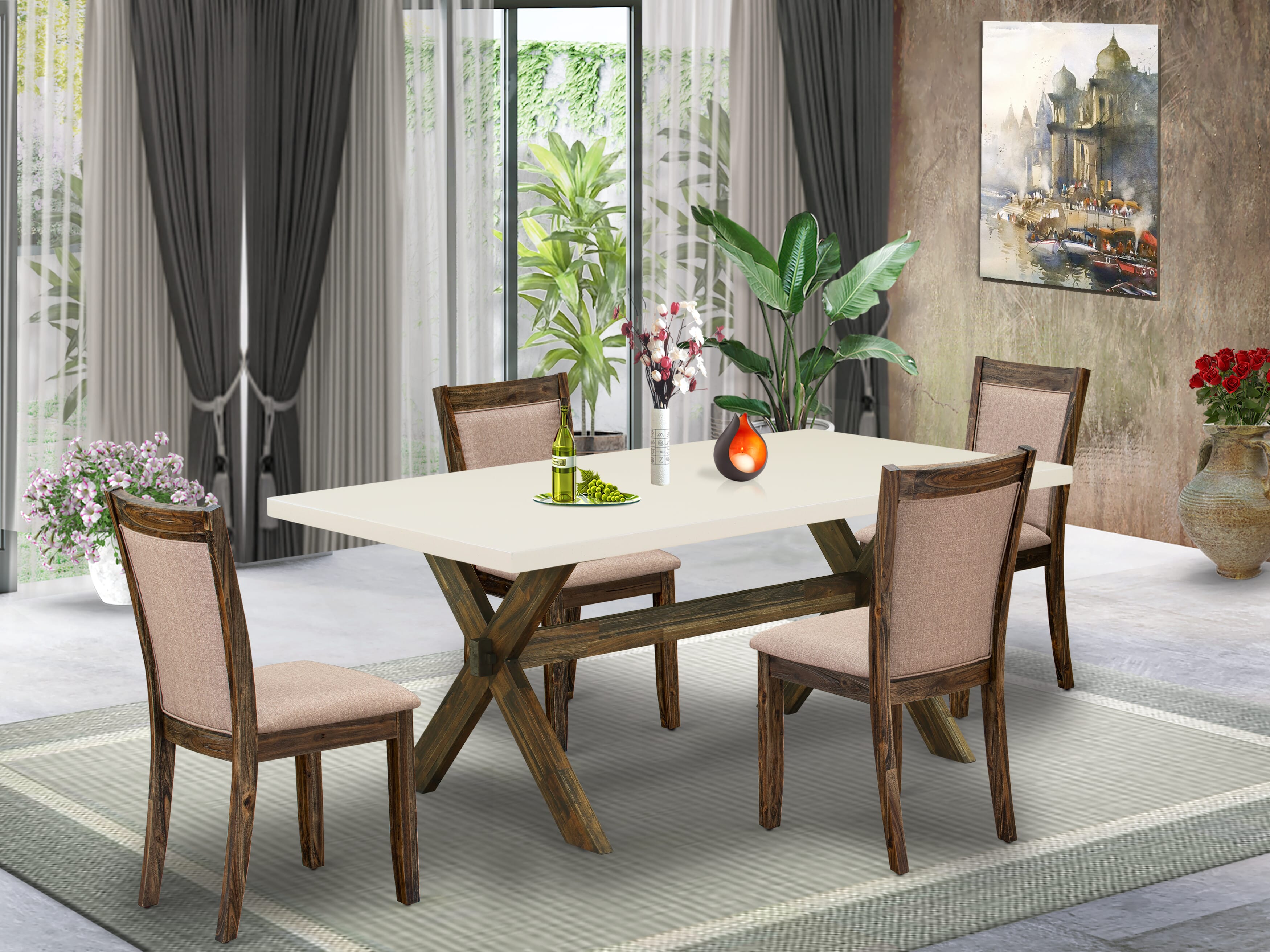 East West Furniture X727MZ716-5 5 Pie ce Innovative Dinner Table Set - A linen white Top Dining Table with Trestle Base and 4 Dark Khaki Linen Fabric Parson Chairs - Distressed Jacobean Finish