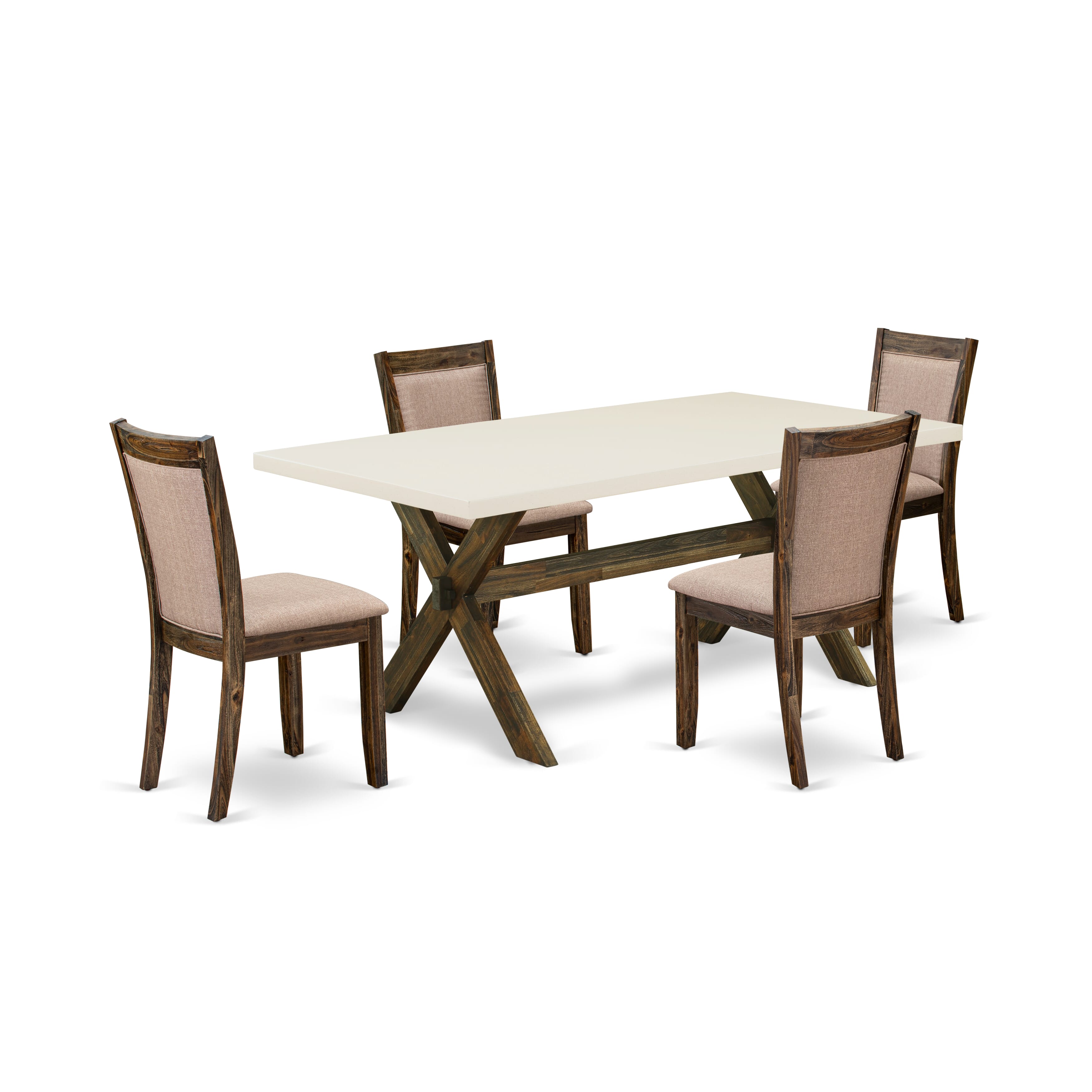 East West Furniture X727MZ716-5 5 Pie ce Innovative Dinner Table Set - A linen white Top Dining Table with Trestle Base and 4 Dark Khaki Linen Fabric Parson Chairs - Distressed Jacobean Finish