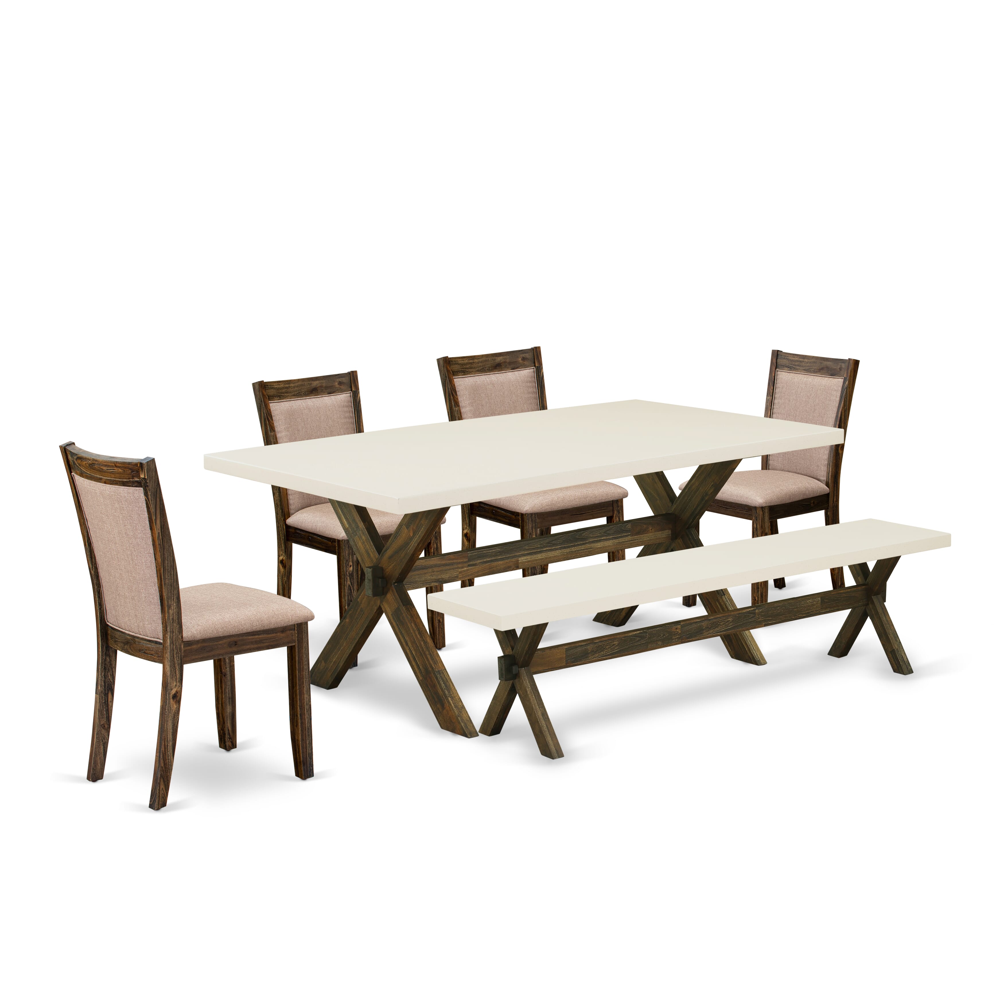 East West Furniture X727MZ716-6 6 Piece Kitchen Dining Table Set- A linen white Top Kitchen Table in Trestle Base with Dining Bench and 4 Dark Khaki Linen Fabric Chairs - Distressed Jacobean Finish