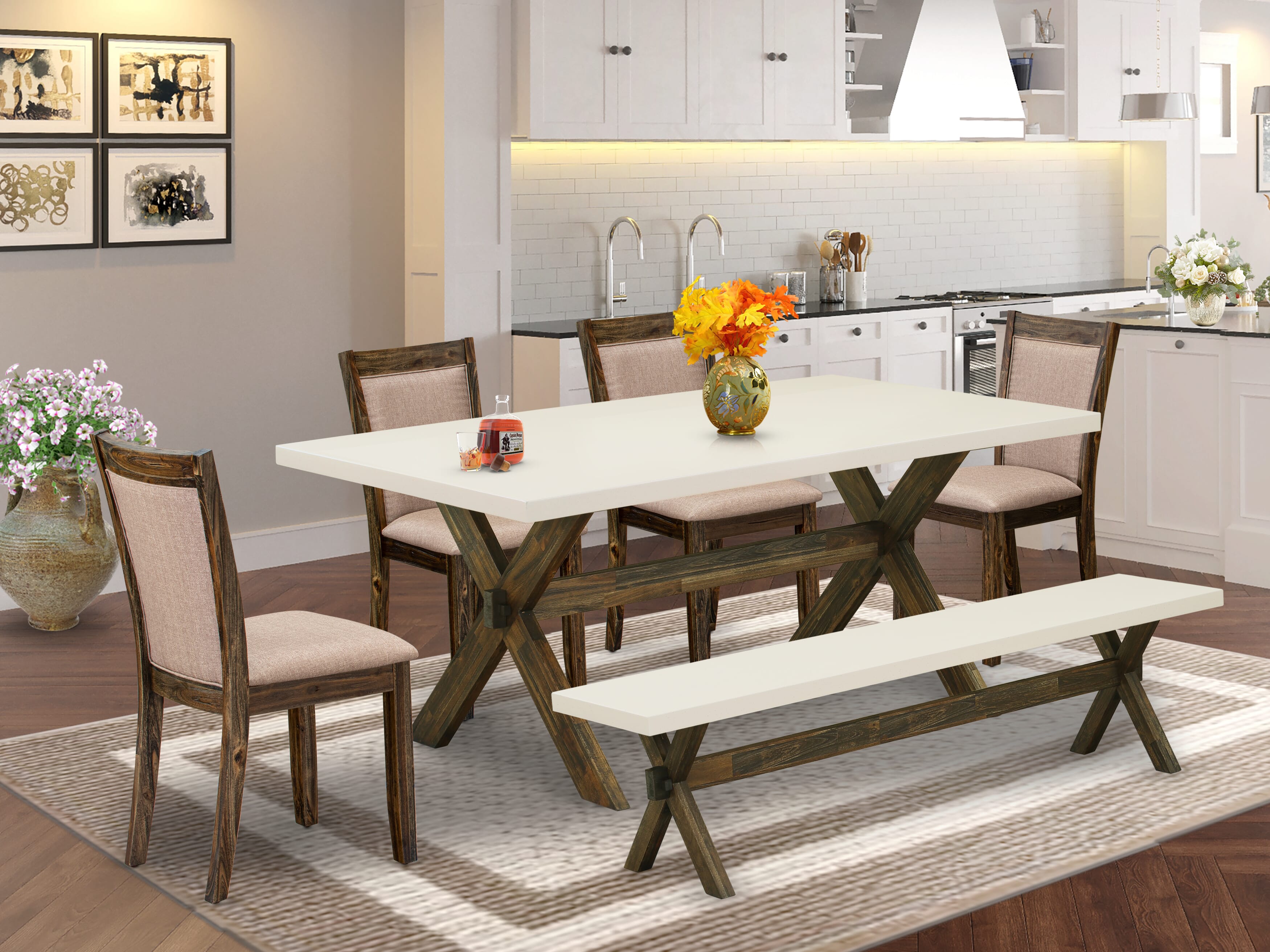 East West Furniture X727MZ716-6 6 Piece Kitchen Dining Table Set- A linen white Top Kitchen Table in Trestle Base with Dining Bench and 4 Dark Khaki Linen Fabric Chairs - Distressed Jacobean Finish