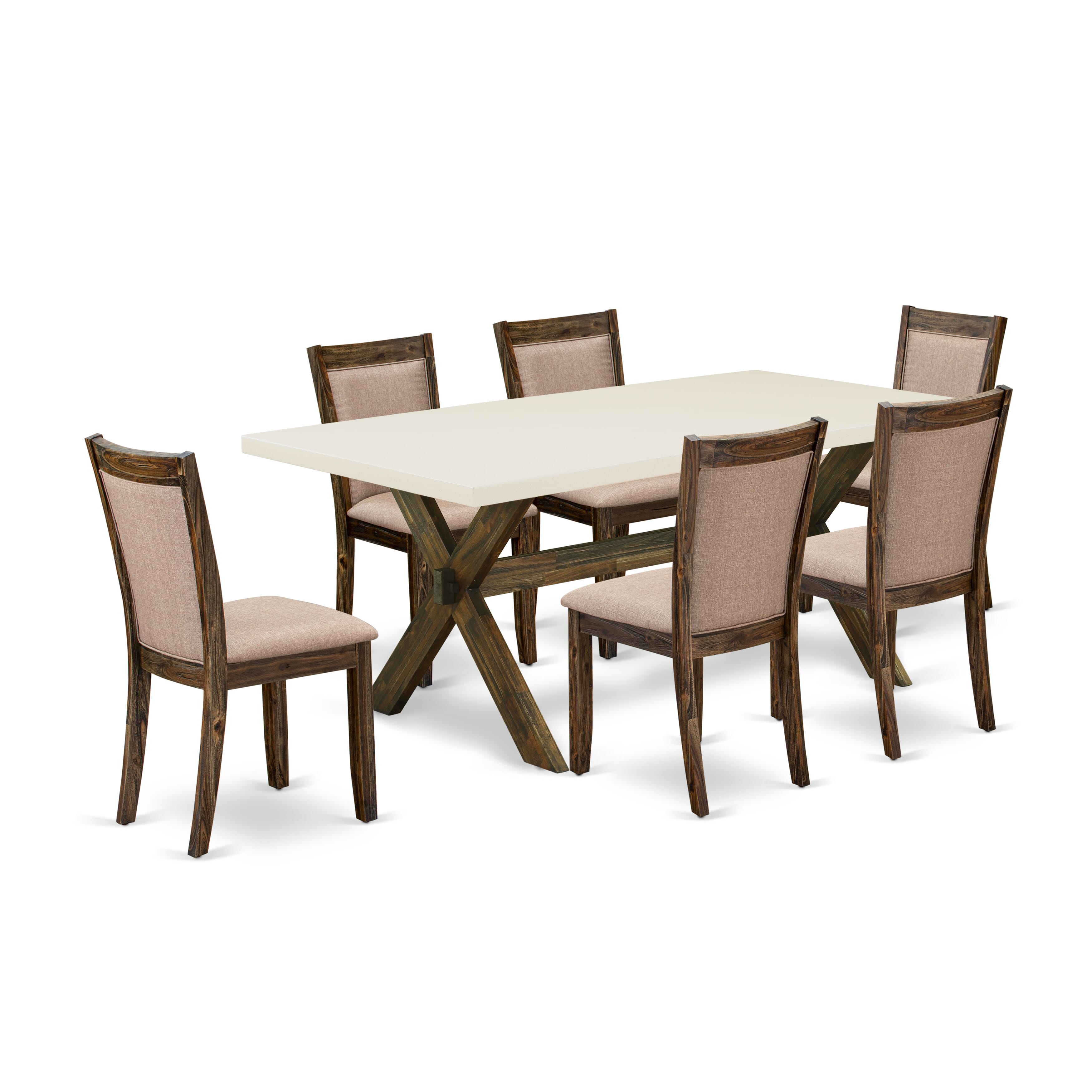 East West Furniture X727MZ716-7 7 Piece Contemporary Dinner Table Set - A linen white Top Dining Table with Trestle Base and 6 Dark Khaki Linen Fabric Dining Room Chairs - Distressed Jacobean Finish