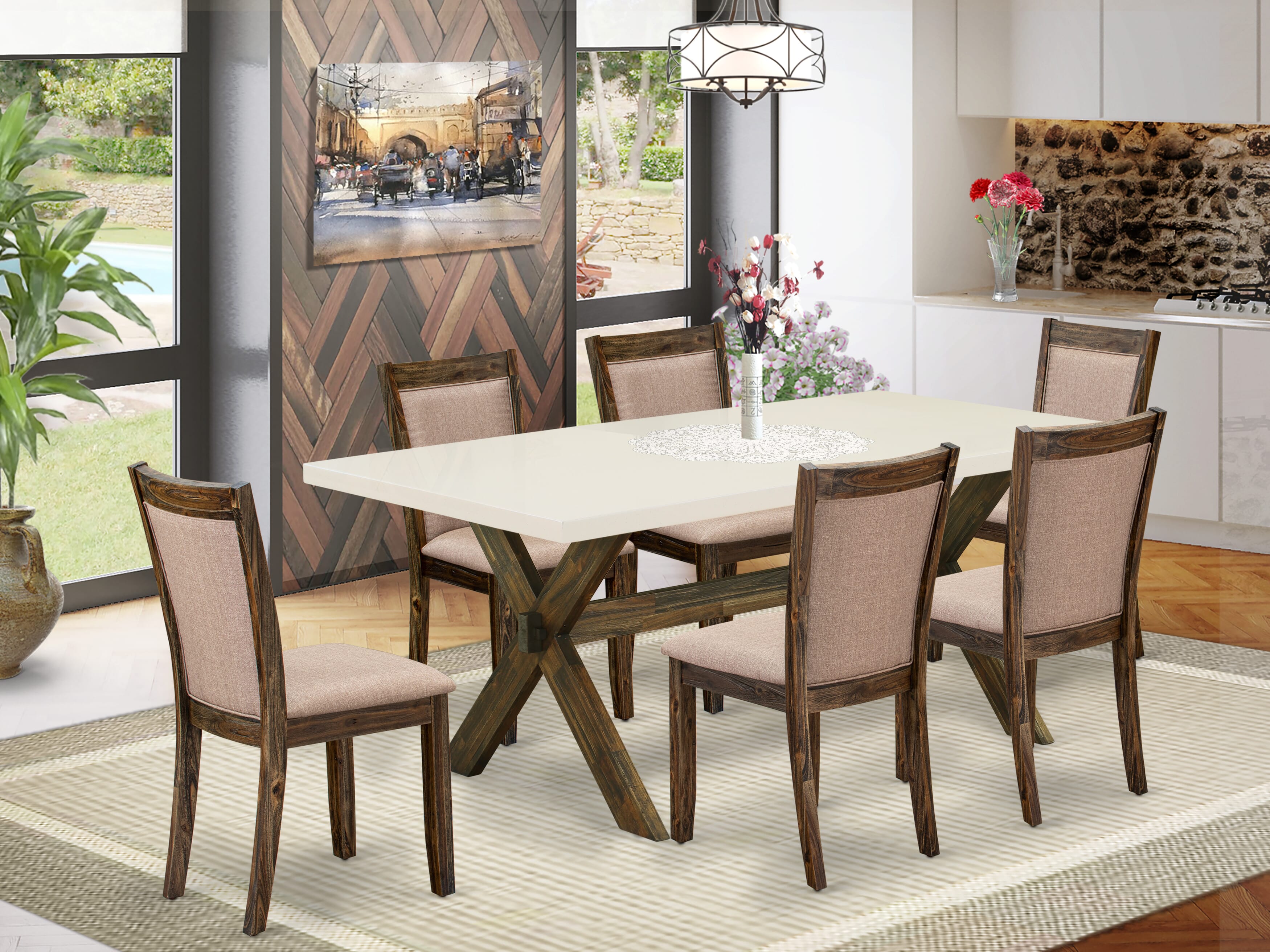 East West Furniture X727MZ716-7 7 Piece Contemporary Dinner Table Set - A linen white Top Dining Table with Trestle Base and 6 Dark Khaki Linen Fabric Dining Room Chairs - Distressed Jacobean Finish