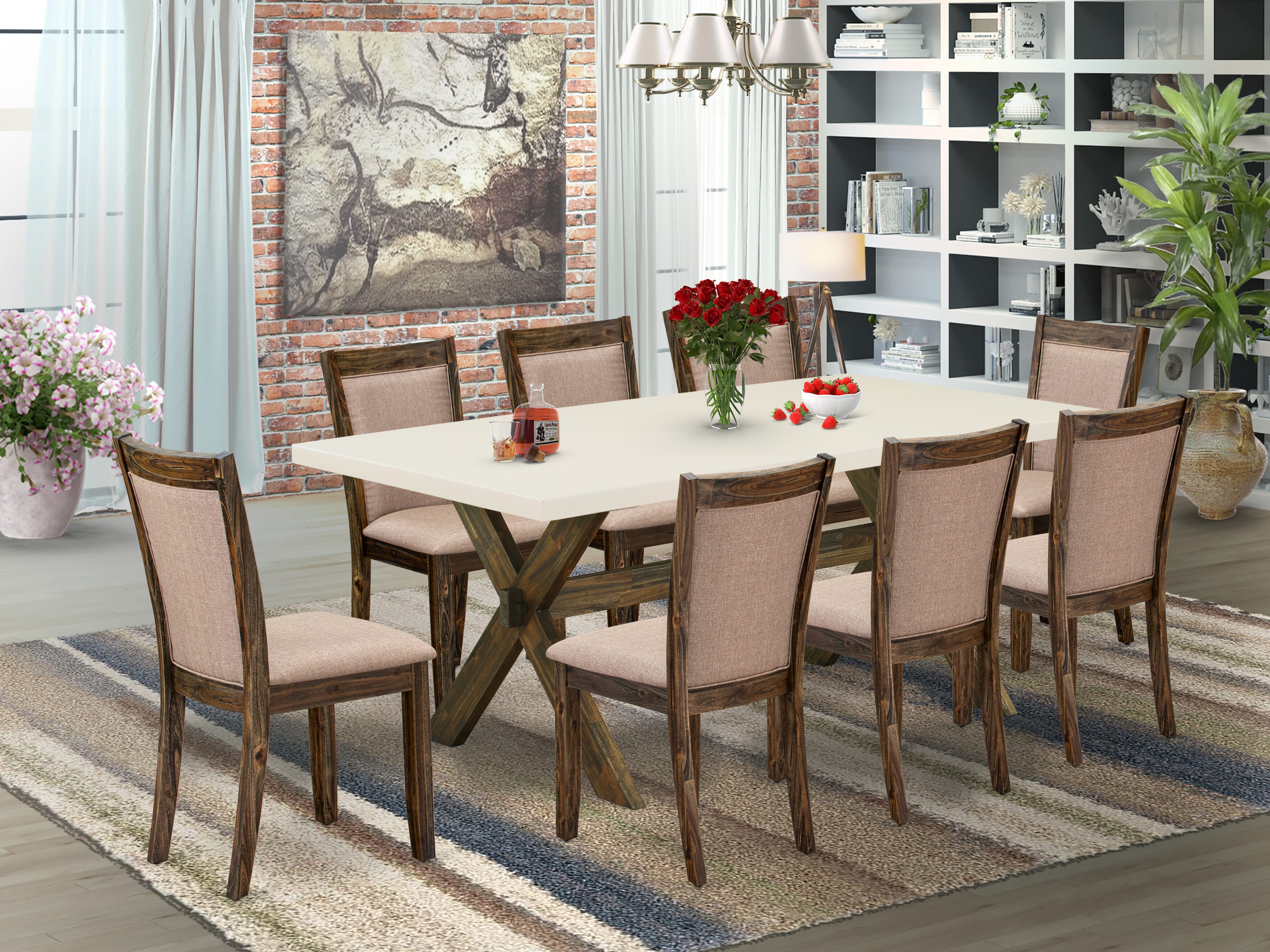 East West Furniture X727MZ716-9 9 Piece Innovative Dining Set - A linen white Top Dinning Table with Trestle Base and 8 Dark Khaki Linen Fabric Kitchen Chairs - Distressed Jacobean Finish