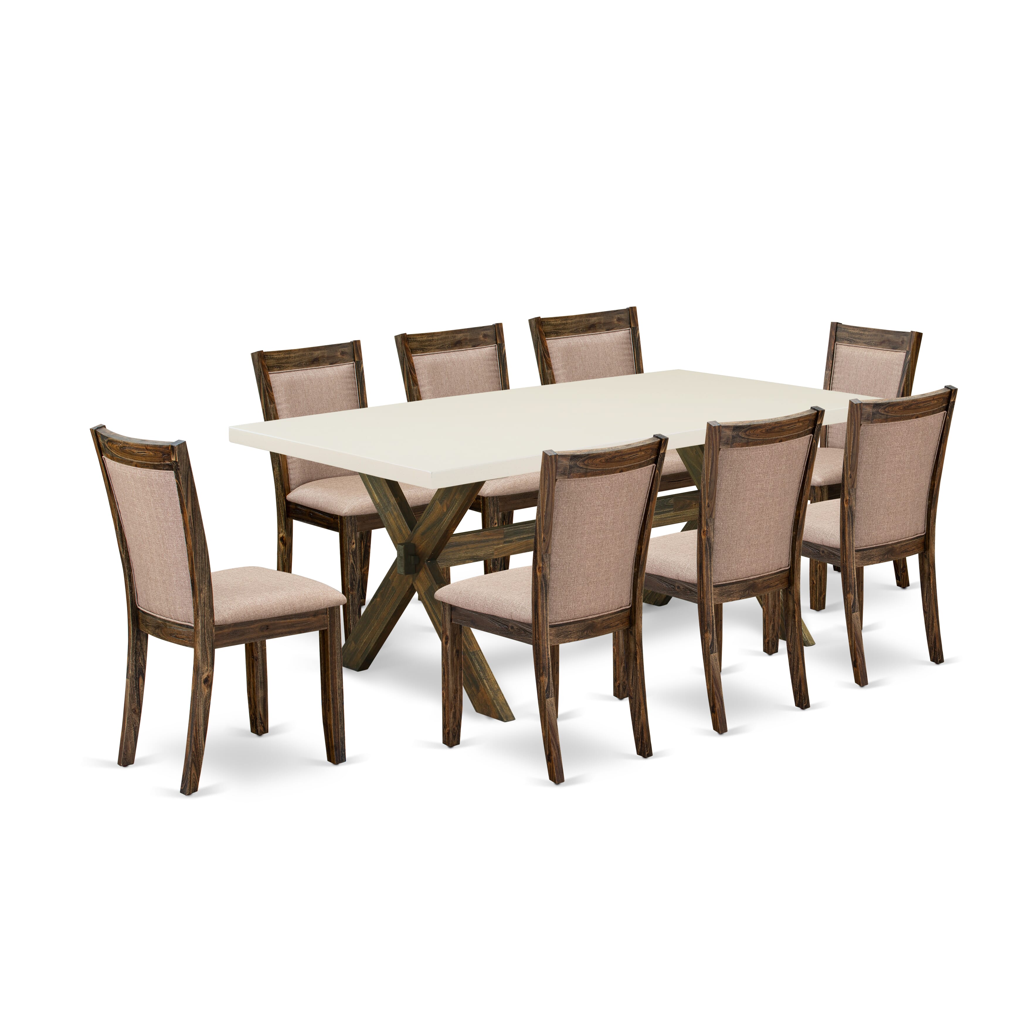 East West Furniture X727MZ716-9 9 Piece Innovative Dining Set - A linen white Top Dinning Table with Trestle Base and 8 Dark Khaki Linen Fabric Kitchen Chairs - Distressed Jacobean Finish