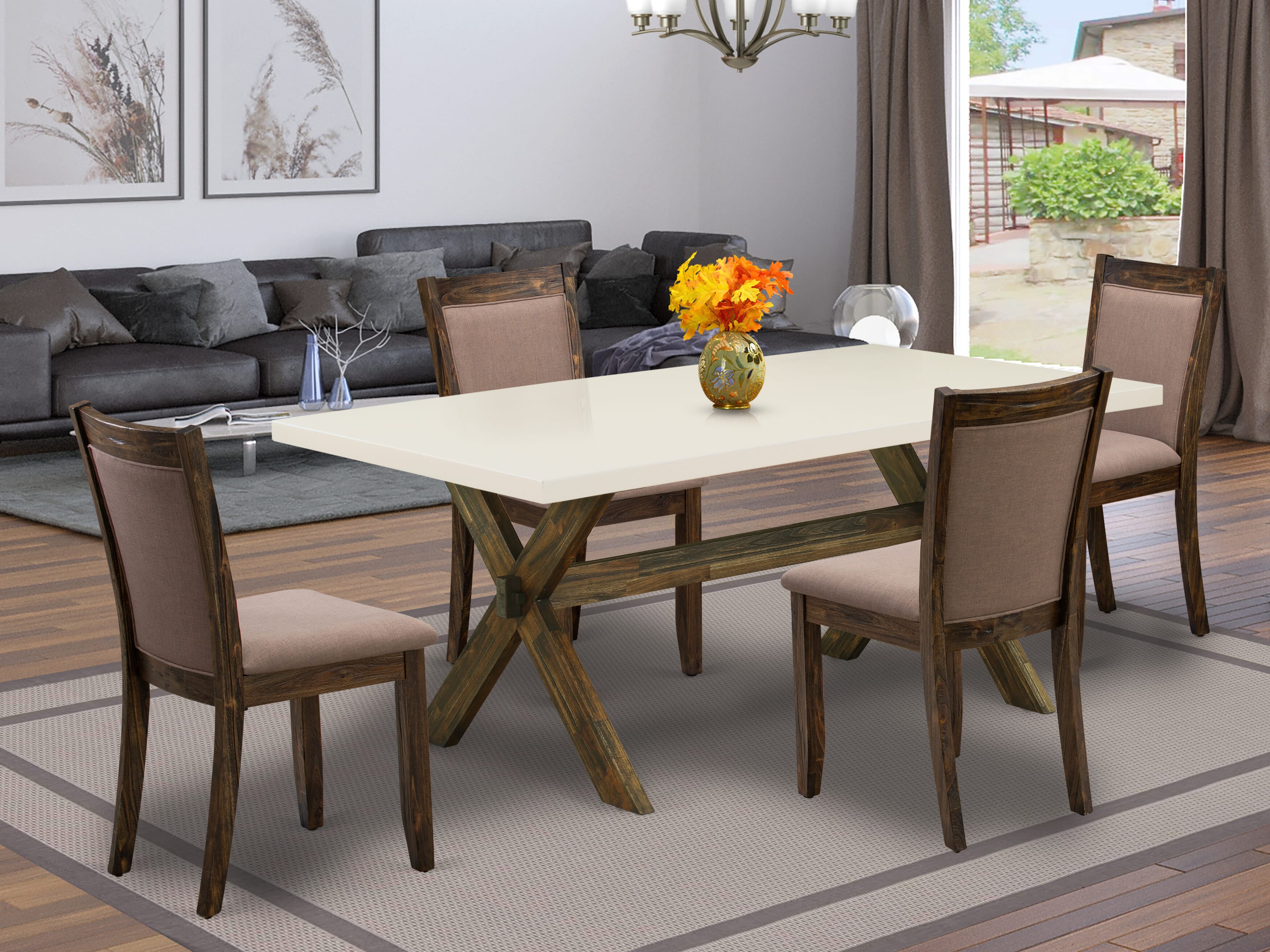East West Furniture X727MZ748-5 5 Piece Contemporary Dinette Set - A linen white Top Mid Century Dining Table with Trestle Base and 4 Coffee Linen Fabric Parson Chairs - Distressed Jacobean Finish