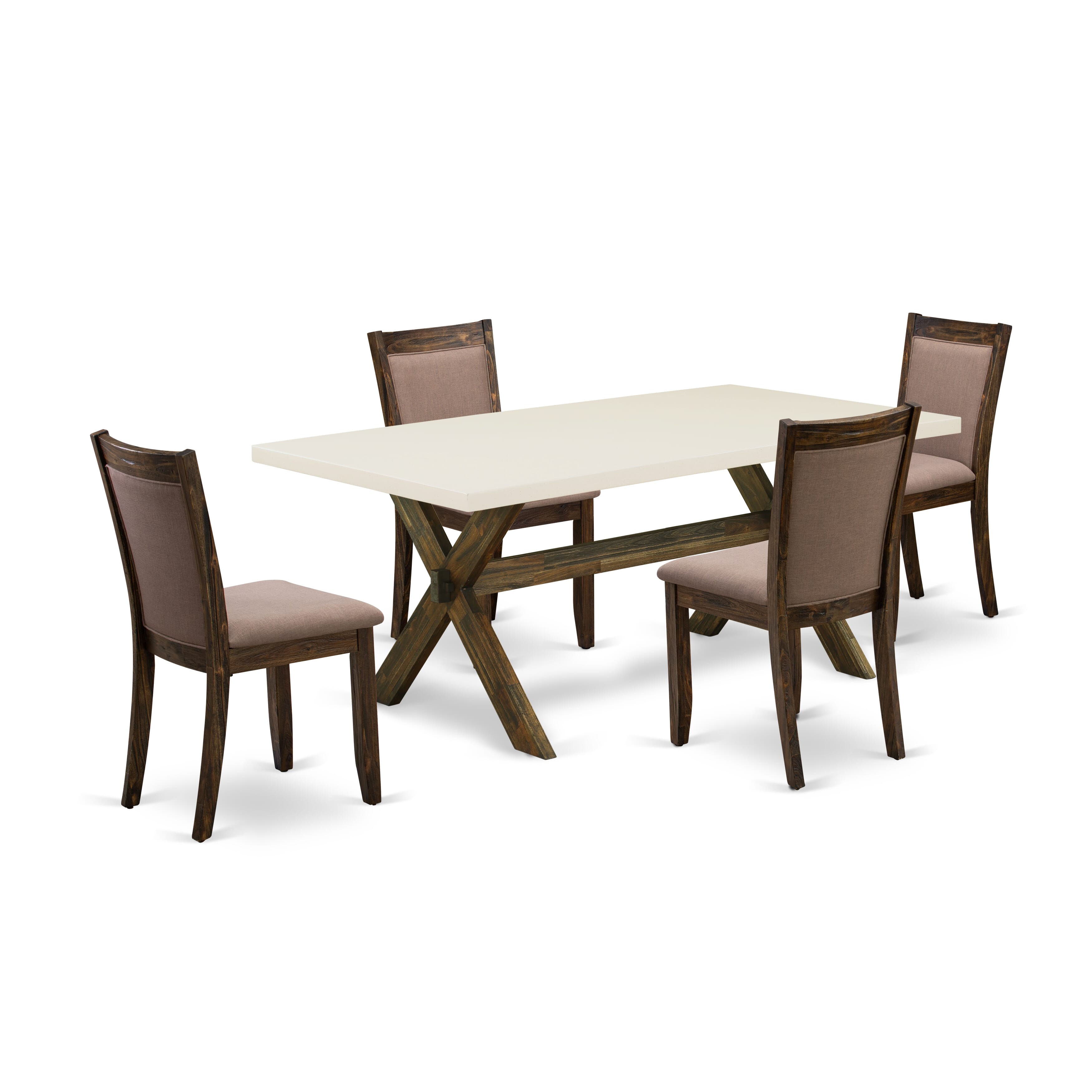 East West Furniture X727MZ748-5 5 Piece Contemporary Dinette Set - A linen white Top Mid Century Dining Table with Trestle Base and 4 Coffee Linen Fabric Parson Chairs - Distressed Jacobean Finish