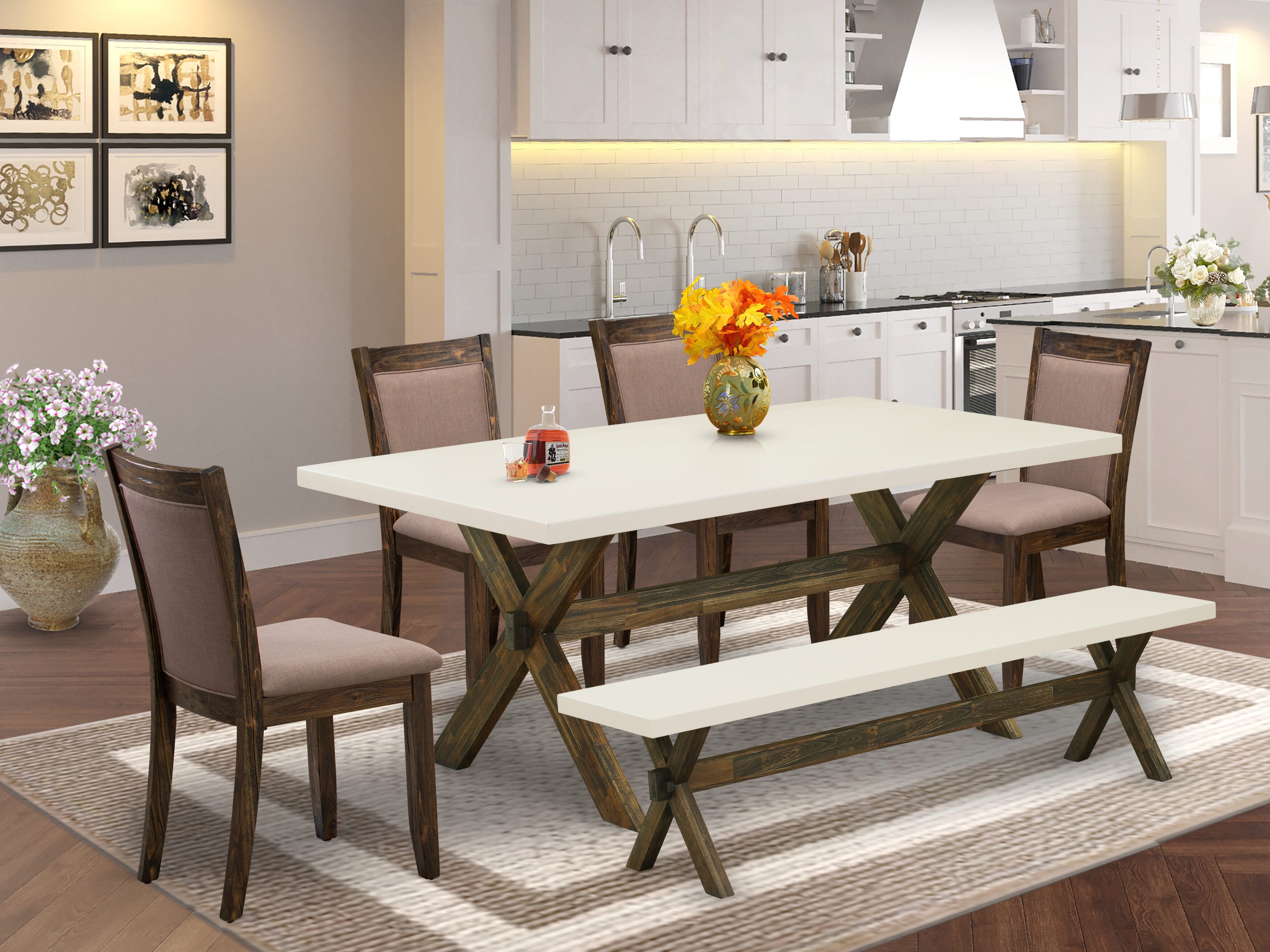 East West Furniture X727MZ748-6 6 Piece Mid Century Dining Set- A linen white Top Dinning Table in Trestle Base with Rustic Bench and 4 Coffee Linen Fabric Dinner Chairs - Distressed Jacobean Finish