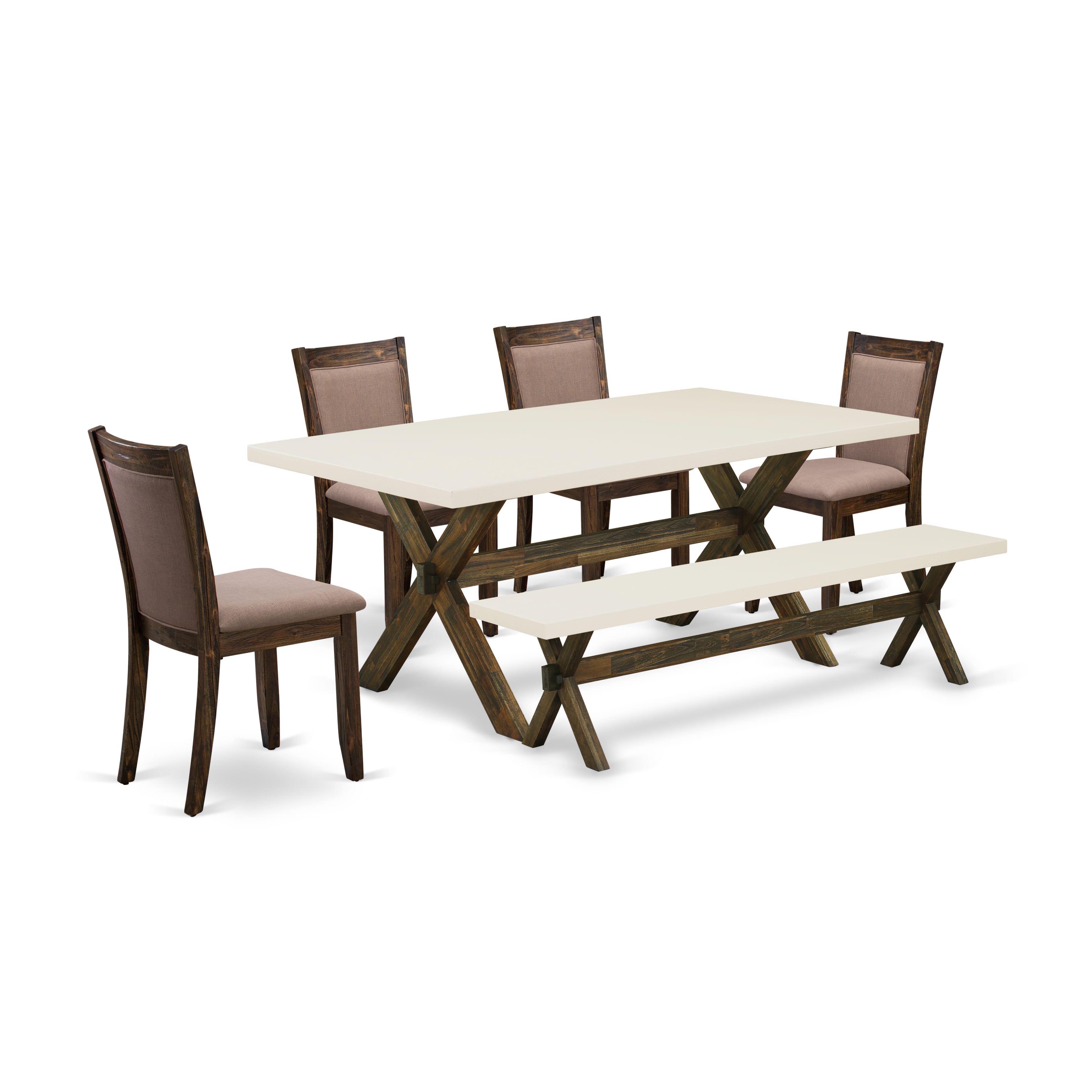East West Furniture X727MZ748-6 6 Piece Mid Century Dining Set- A linen white Top Dinning Table in Trestle Base with Rustic Bench and 4 Coffee Linen Fabric Dinner Chairs - Distressed Jacobean Finish