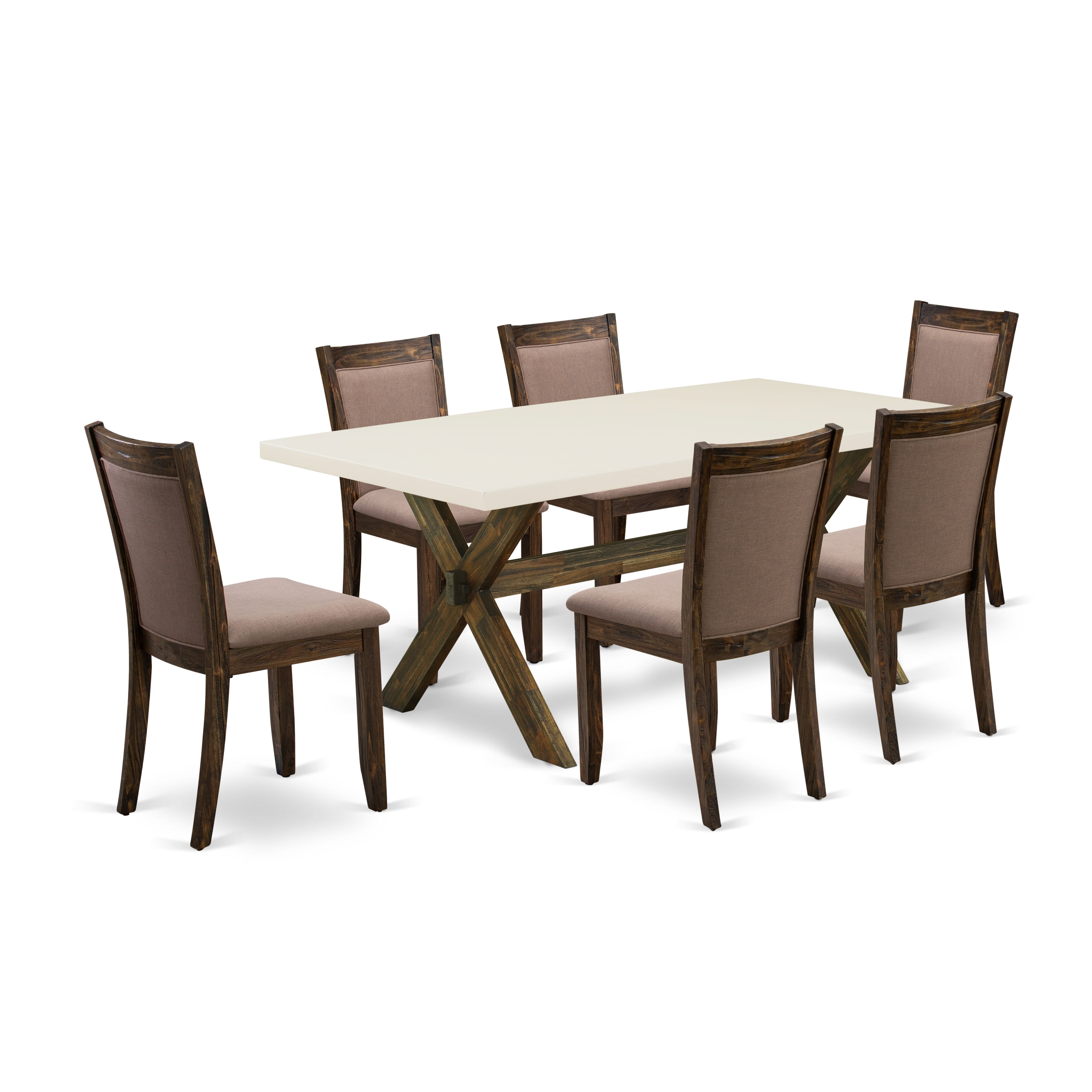 East West Furniture X727MZ748-7 7 Piece Mid Century Dining Set - A linen white Top Dining Table with Trestle Base and 6 Coffee Linen Fabric Wooden Dining Chairs - Distressed Jacobean Finish