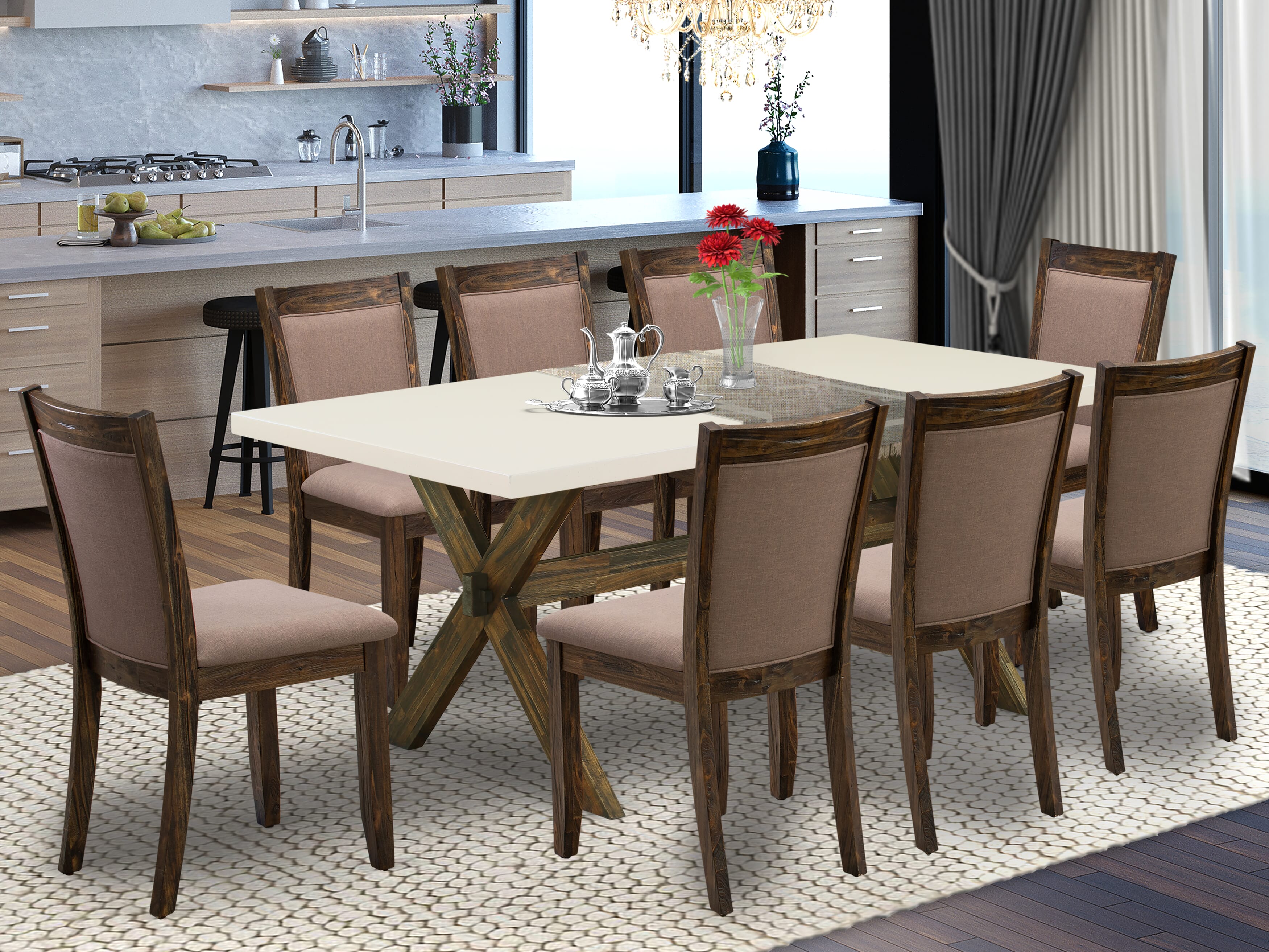 East West Furniture X727MZ748-9 9 Piece Innovative Dining Set - A linen white Top Rustic Kitchen Table with Trestle Base and 8 Coffee Linen Fabric Wood Dining Chairs - Distressed Jacobean Finish