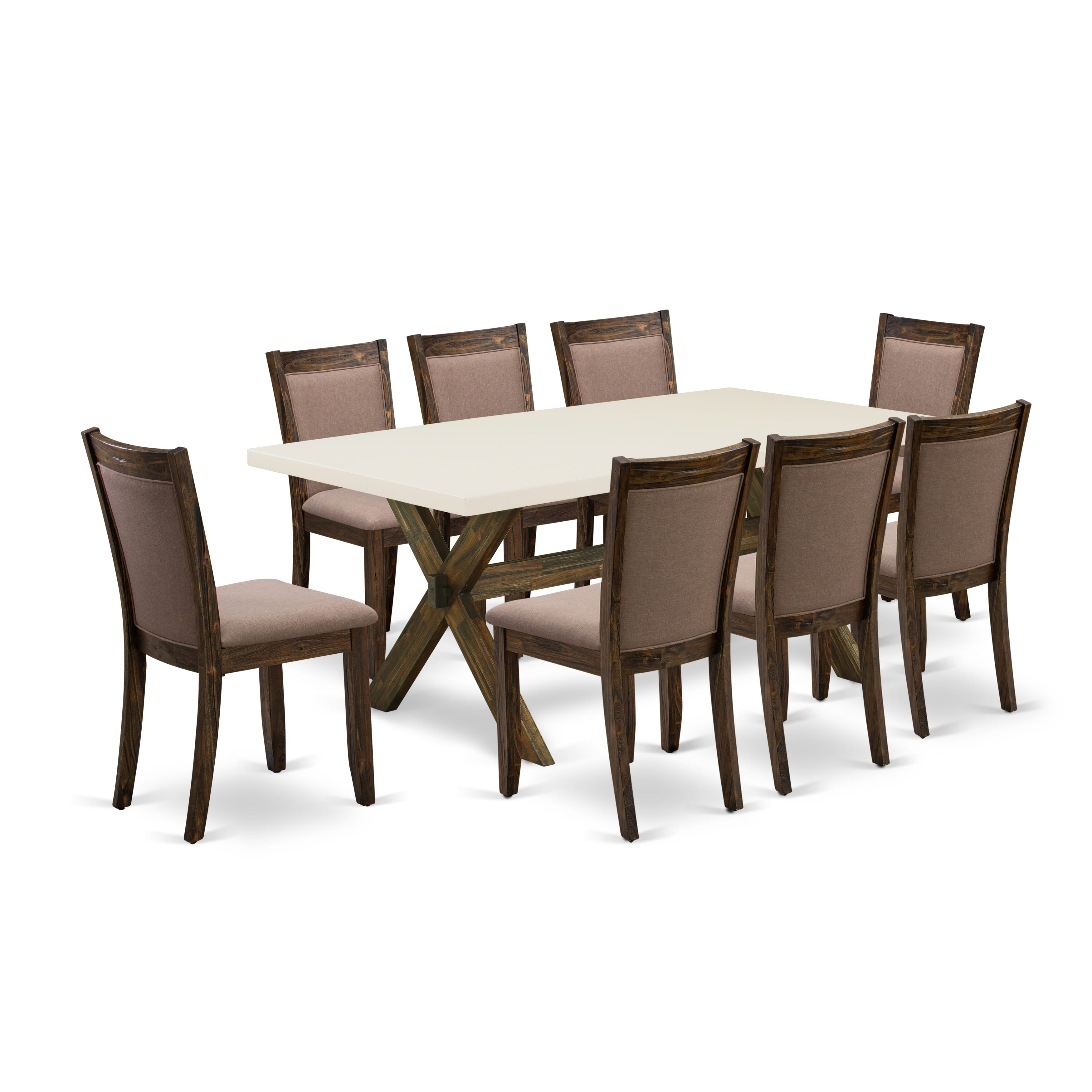 East West Furniture X727MZ748-9 9 Piece Innovative Dining Set - A linen white Top Rustic Kitchen Table with Trestle Base and 8 Coffee Linen Fabric Wood Dining Chairs - Distressed Jacobean Finish