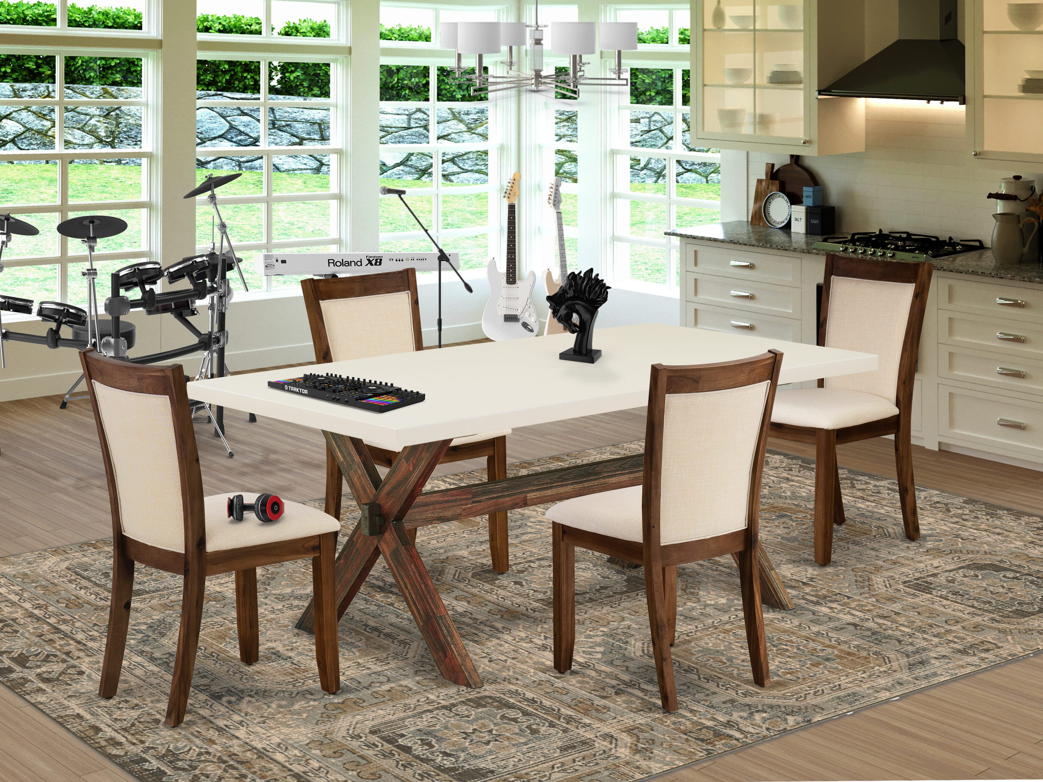 East West Furniture X727MZN32-5 5-Pc Modern Dining Set Contains a Wooden Dining Table and 4 Light Beige Linen Fabric Upholstered Dining Chairs with Stylish Back - Distressed Jacobean Finish