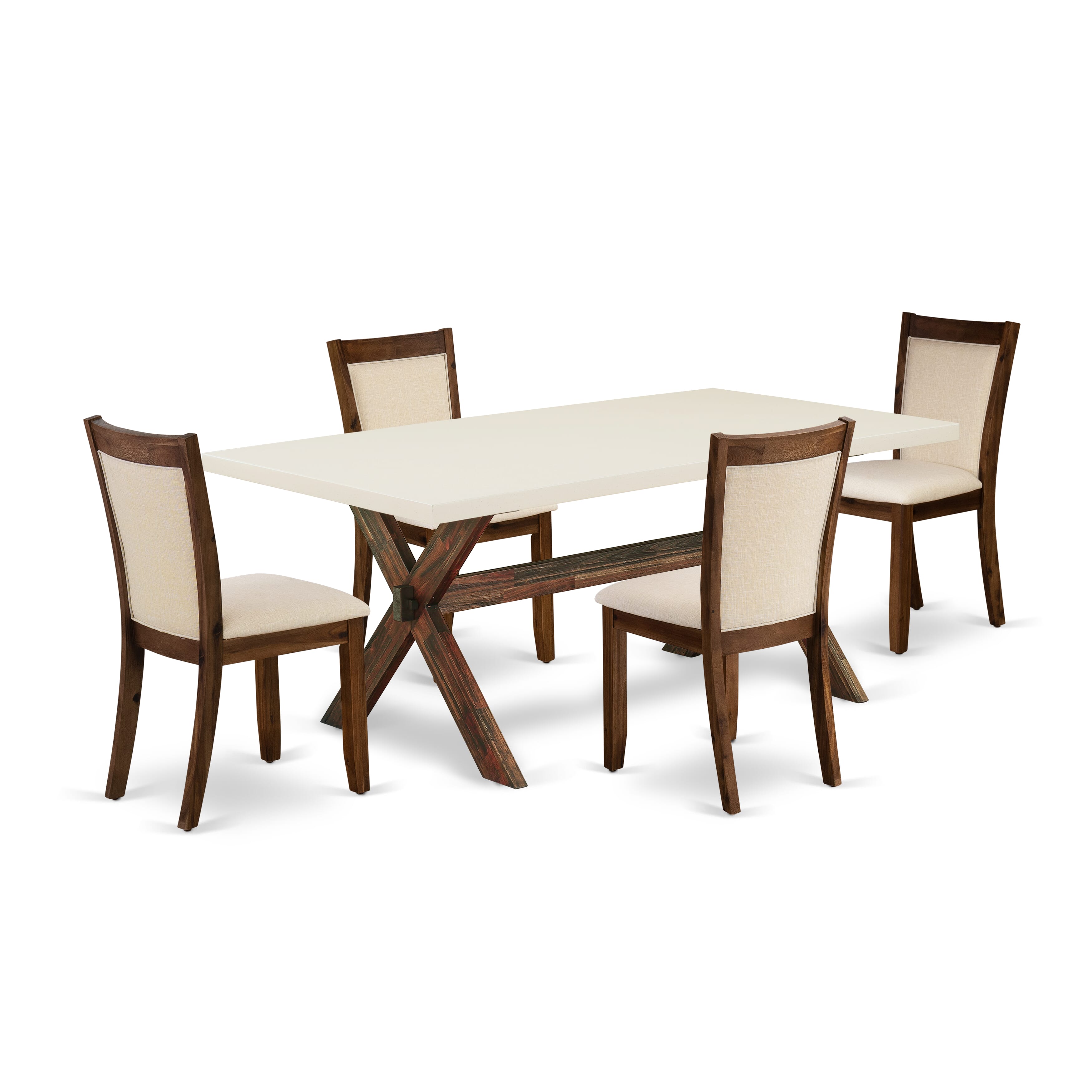East West Furniture X727MZN32-5 5-Pc Modern Dining Set Contains a Wooden Dining Table and 4 Light Beige Linen Fabric Upholstered Dining Chairs with Stylish Back - Distressed Jacobean Finish
