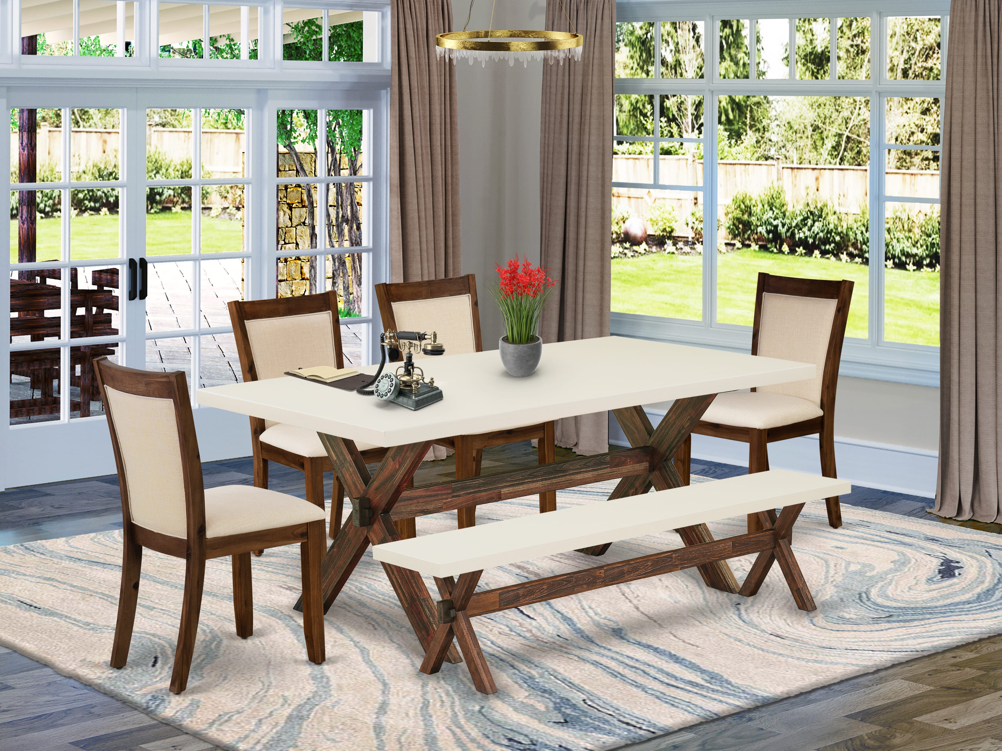 East West Furniture X727MZN32-6 6-Piece Kitchen Table Set Includes a Dinner Table and a Kitchen Bench with 4 Light Beige Linen Fabric Upholstered Chairs with Stylish Back - Distressed Jacobean Finish