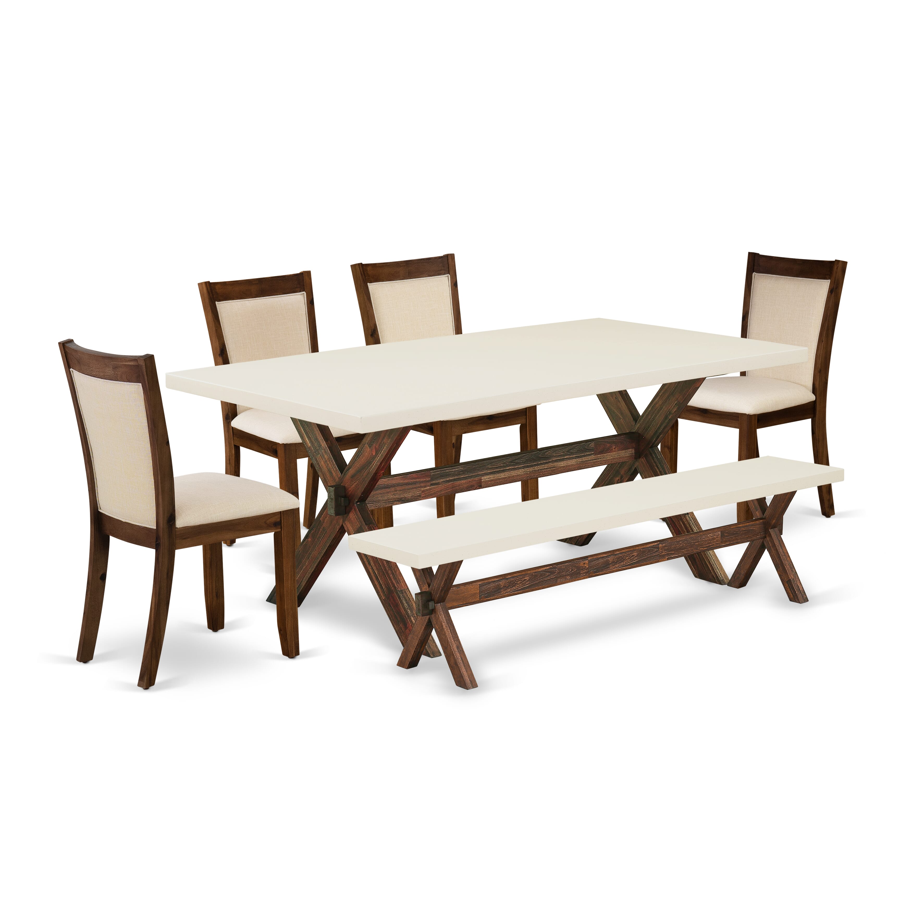 East West Furniture X727MZN32-6 6-Piece Kitchen Table Set Includes a Dinner Table and a Kitchen Bench with 4 Light Beige Linen Fabric Upholstered Chairs with Stylish Back - Distressed Jacobean Finish