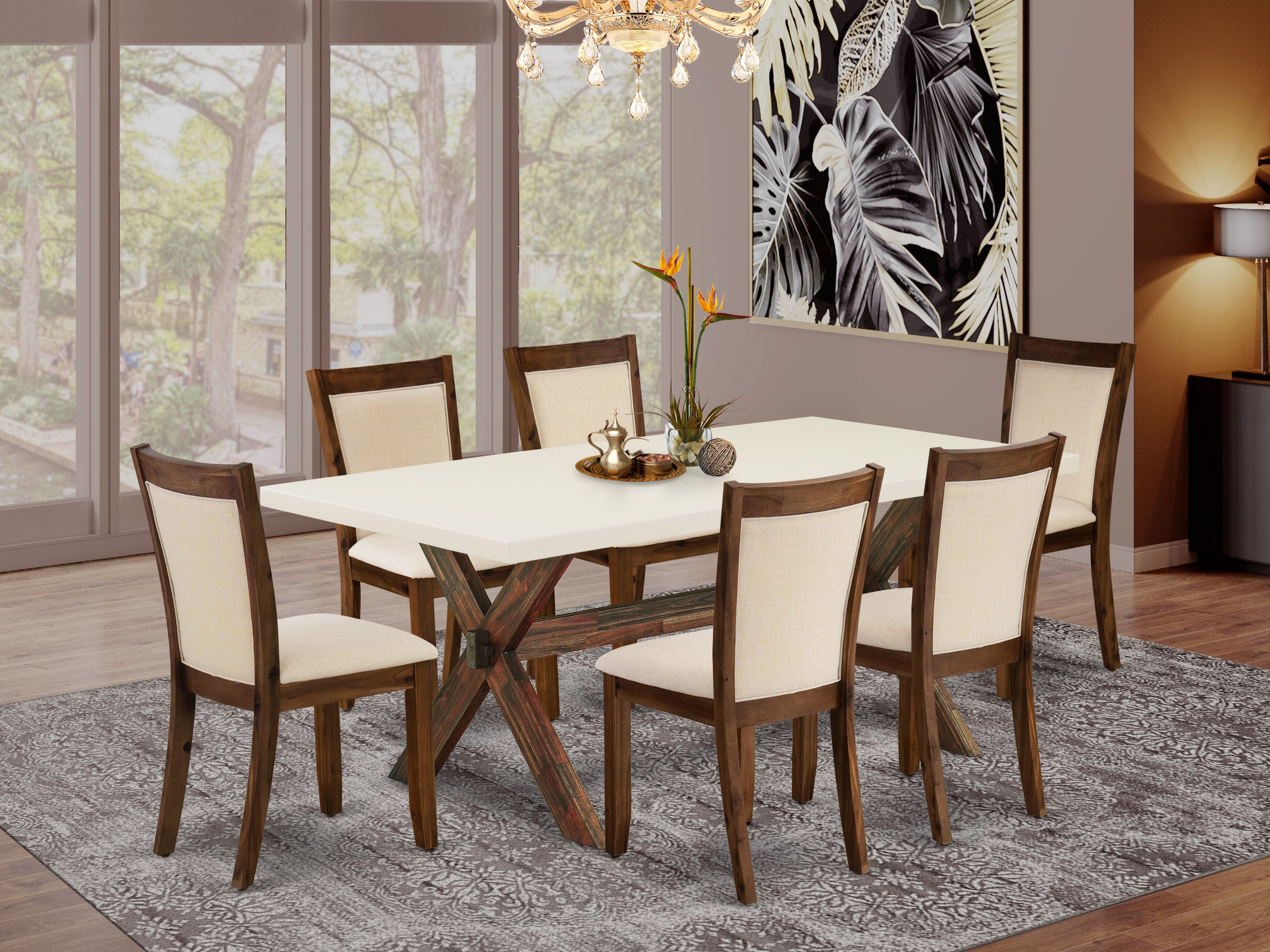 East West Furniture X727MZN32-7 7-Pc Dining Set Consists of a Wood Dining Table and 6 Light Beige Linen Fabric Dinning Room Chairs with Stylish Back - Distressed Jacobean Finish