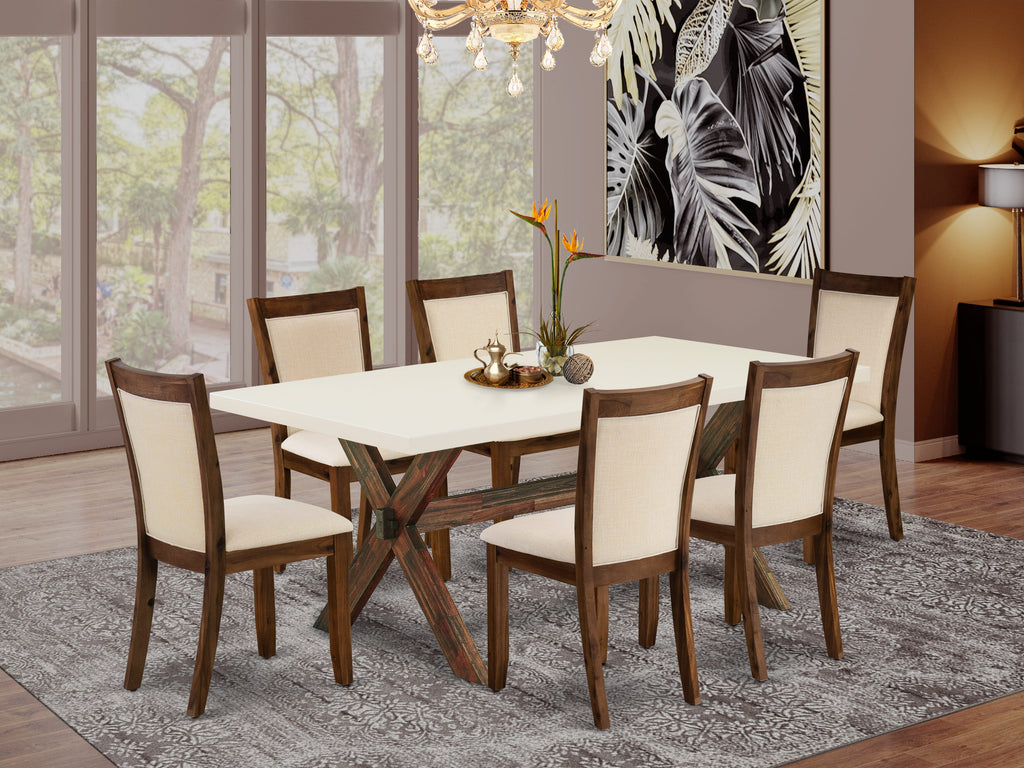 East West Furniture X727MZN32-7 7-Pc Dining Set Consists of a Wood Dining Table and 6 Light Beige Linen Fabric Dinning Room Chairs with Stylish Back - Distressed Jacobean Finish