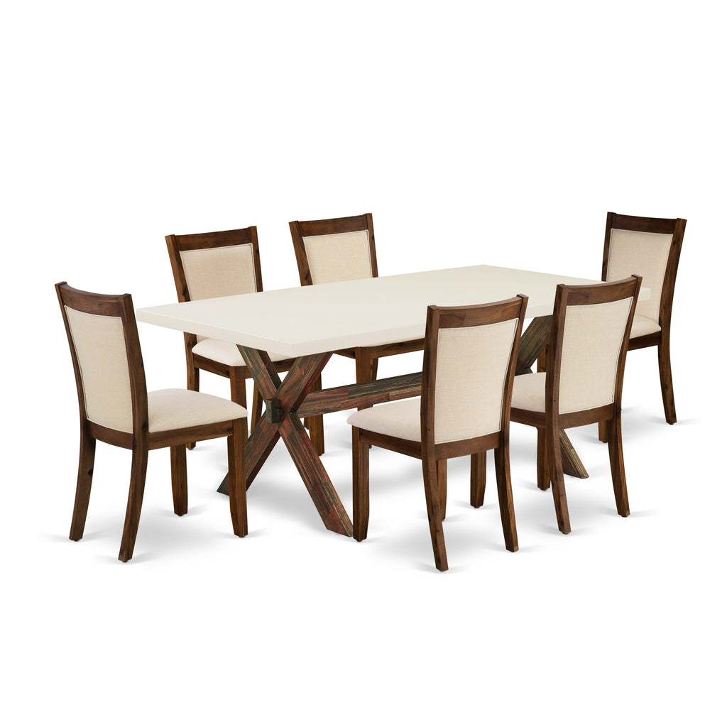 East West Furniture X727MZN32-7 7-Pc Dining Set Consists of a Wood Dining Table and 6 Light Beige Linen Fabric Dinning Room Chairs with Stylish Back - Distressed Jacobean Finish