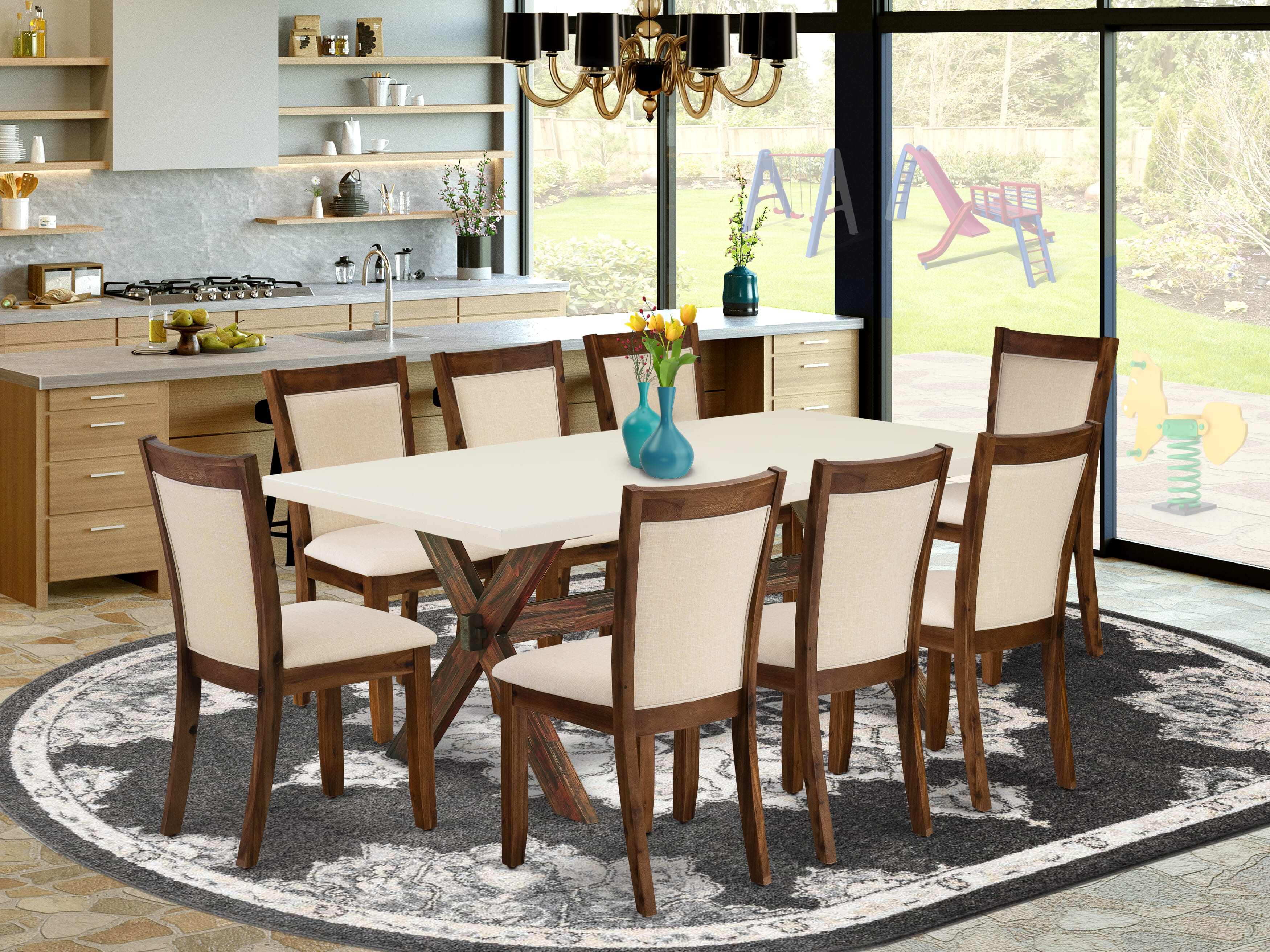 East West Furniture X727MZN32-9 9-Piece Dining Table Set Contains a Wood Dining Table and 8 Light Beige Linen Fabric Mid Century Dining Chairs with Stylish Back - Distressed Jacobean Finish
