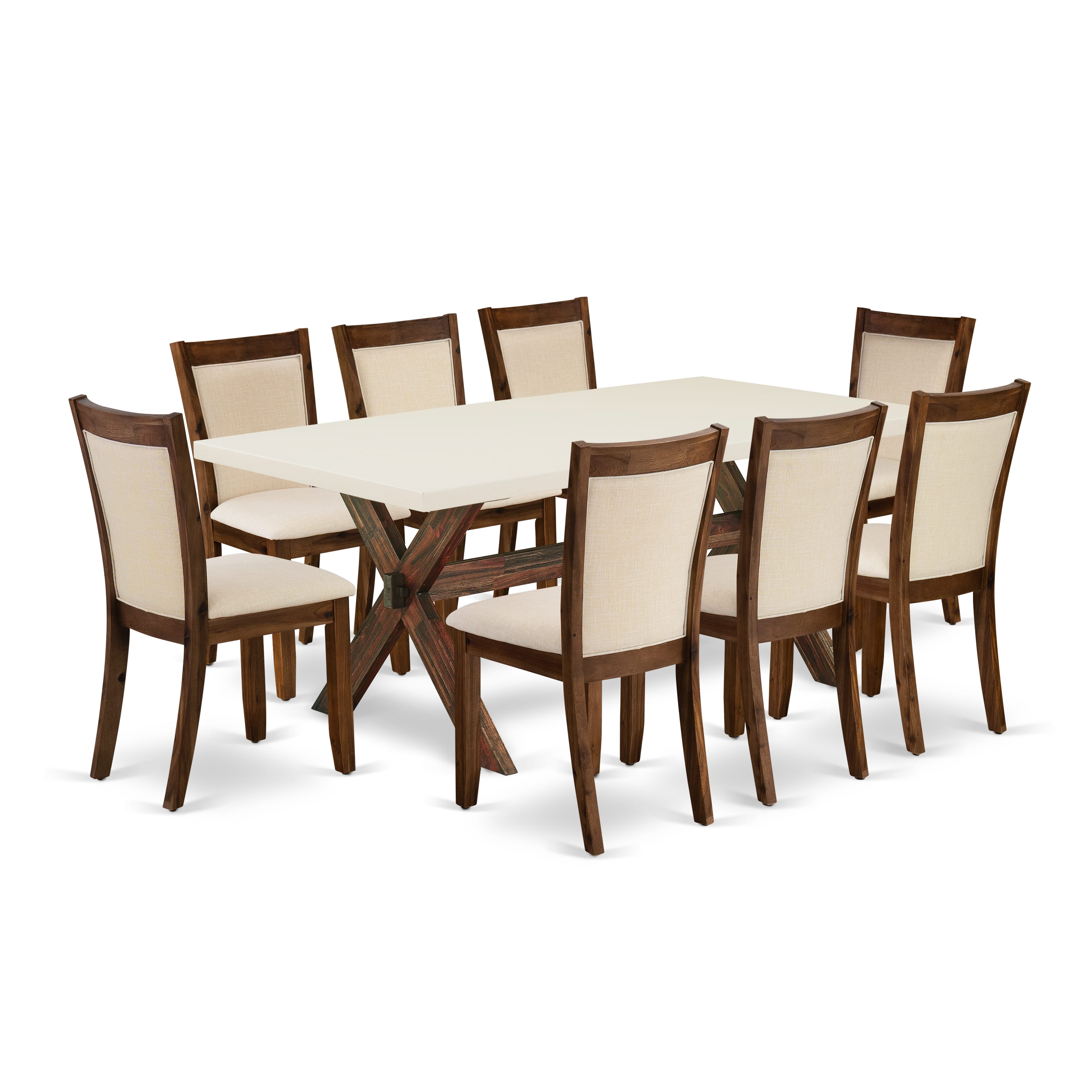 East West Furniture X727MZN32-9 9-Piece Dining Table Set Contains a Wood Dining Table and 8 Light Beige Linen Fabric Mid Century Dining Chairs with Stylish Back - Distressed Jacobean Finish
