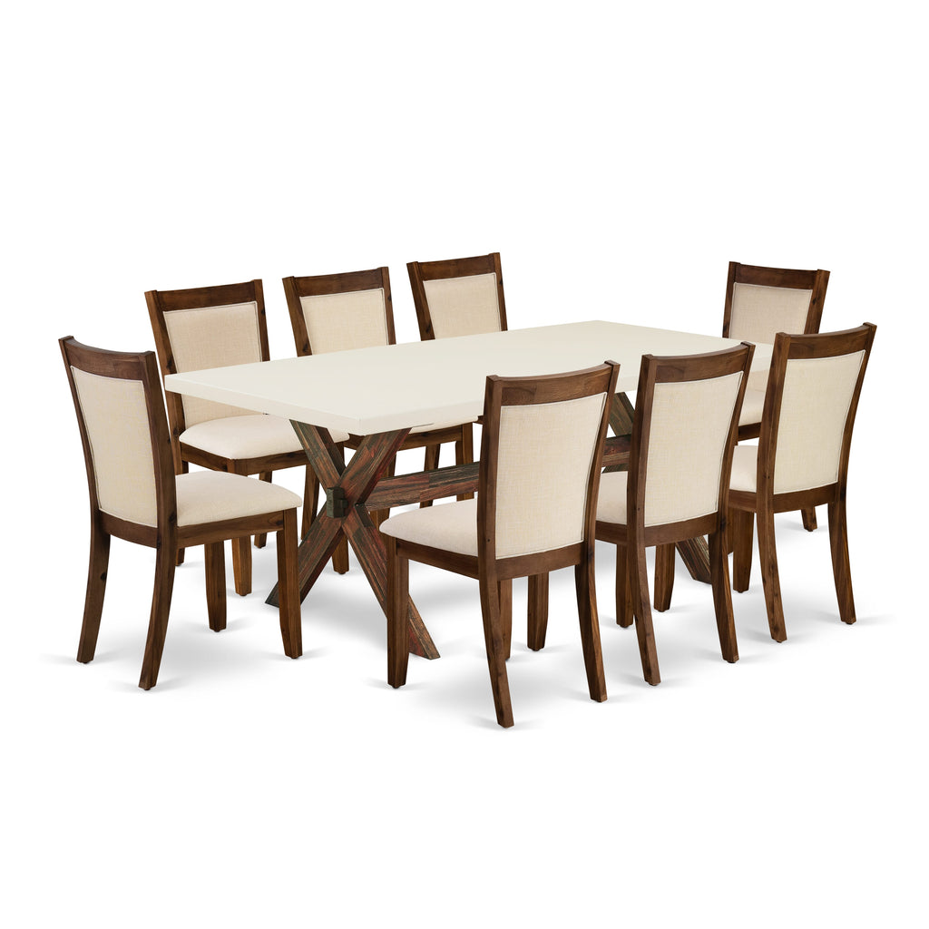 East West Furniture X727MZN32-9 9-Piece Dining Table Set Contains a Wood Dining Table and 8 Light Beige Linen Fabric Mid Century Dining Chairs with Stylish Back - Distressed Jacobean Finish