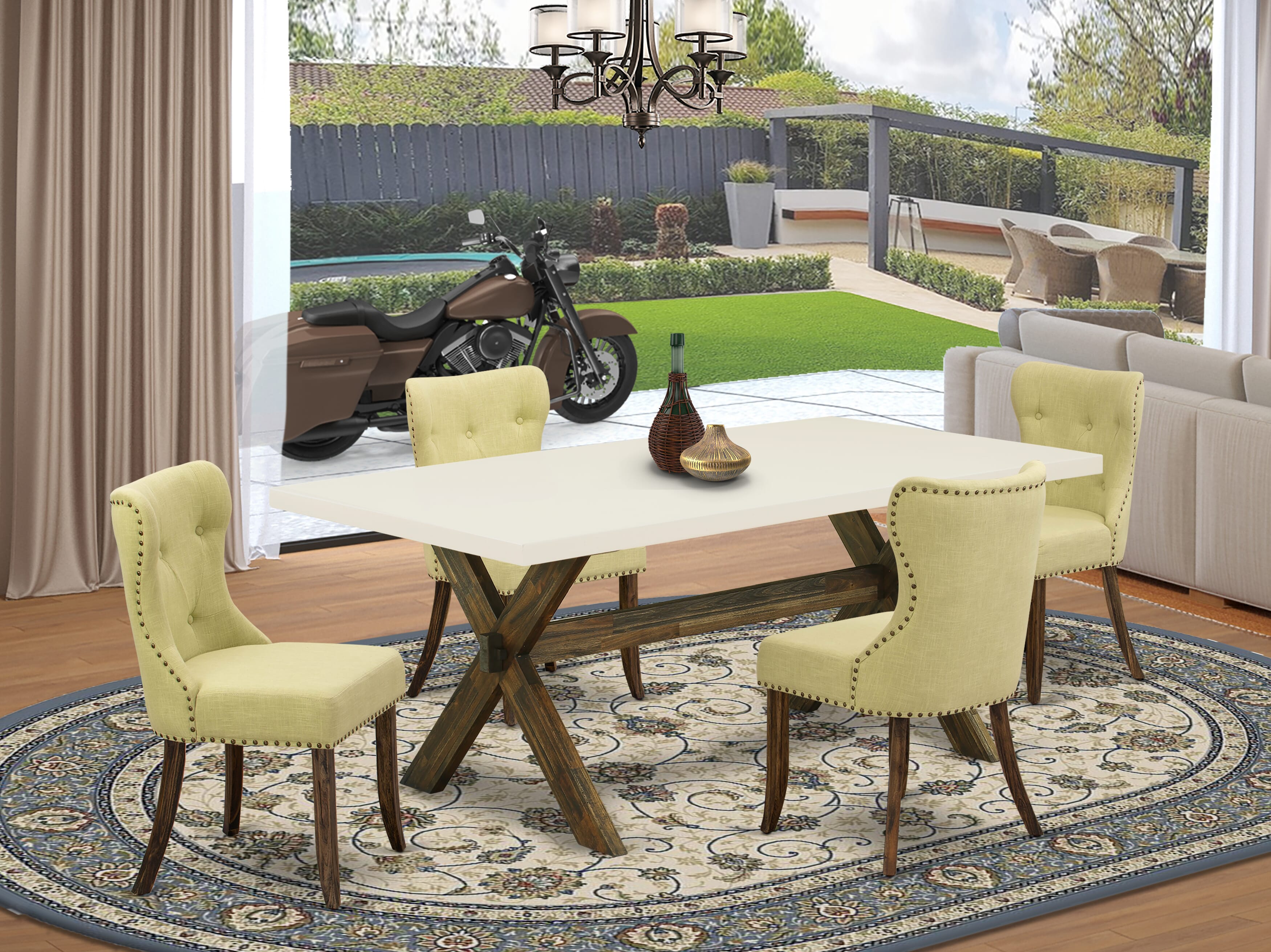 East West Furniture X727SI737-5 5-Piece Modern Dining Table Set- 4 dining room chairs with Limelight Linen Fabric Seat and Button Tufted Chair Back - Rectangular Table - linen white Finish